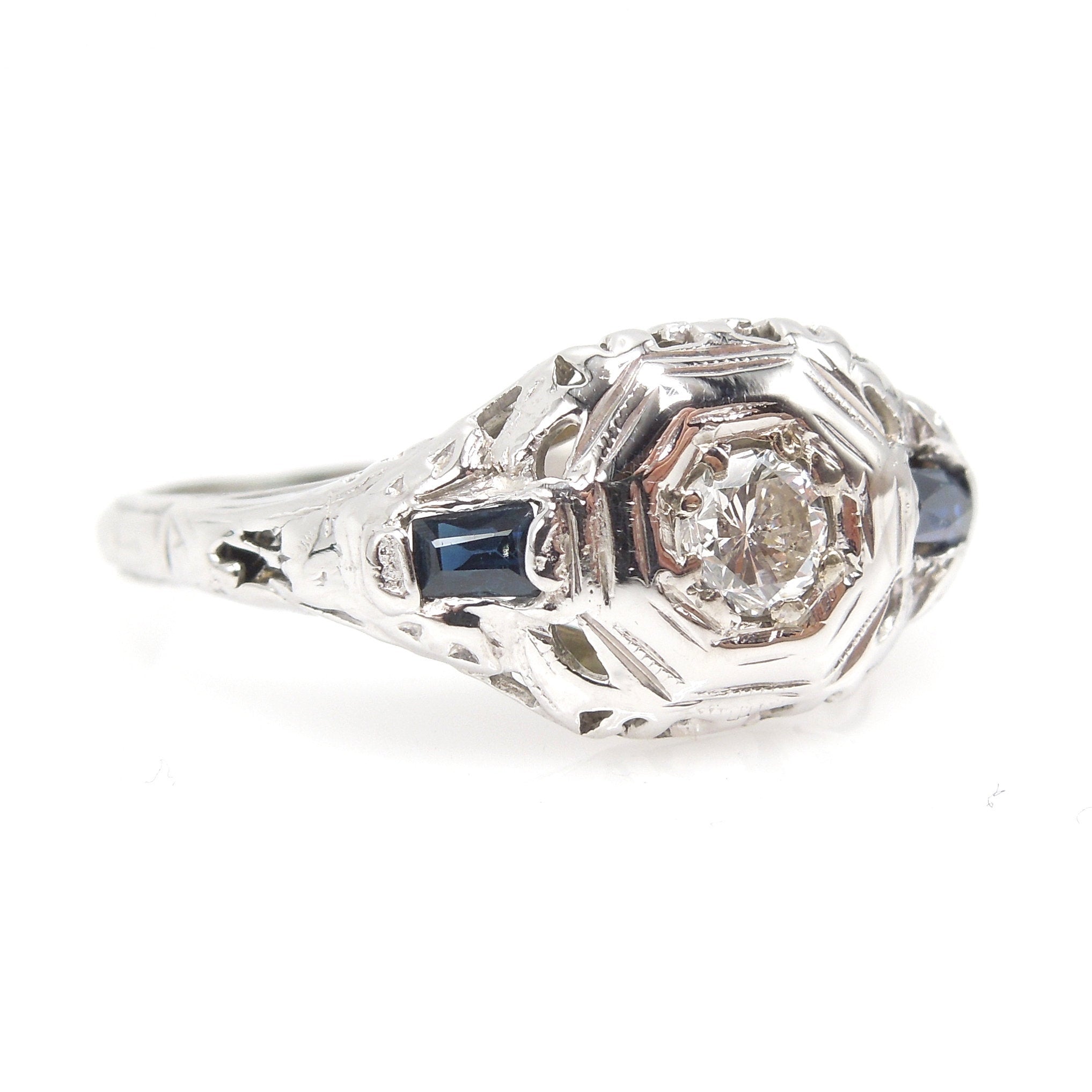 Art Deco Diamond and 18K White Gold Ring with Baguette Sapphire Accents