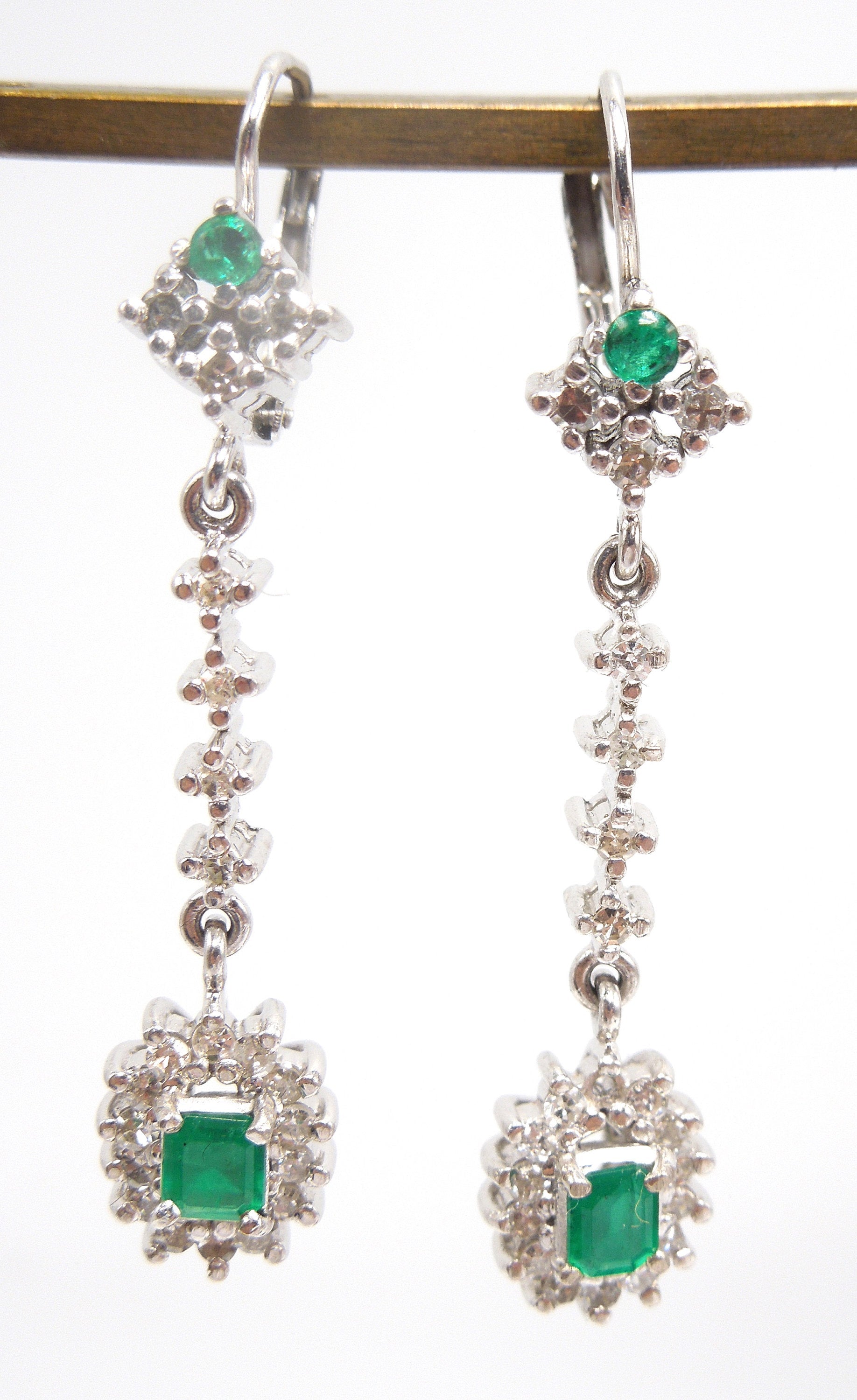 14K White Gold Diamond and Colombian Emerald Drop Earrings