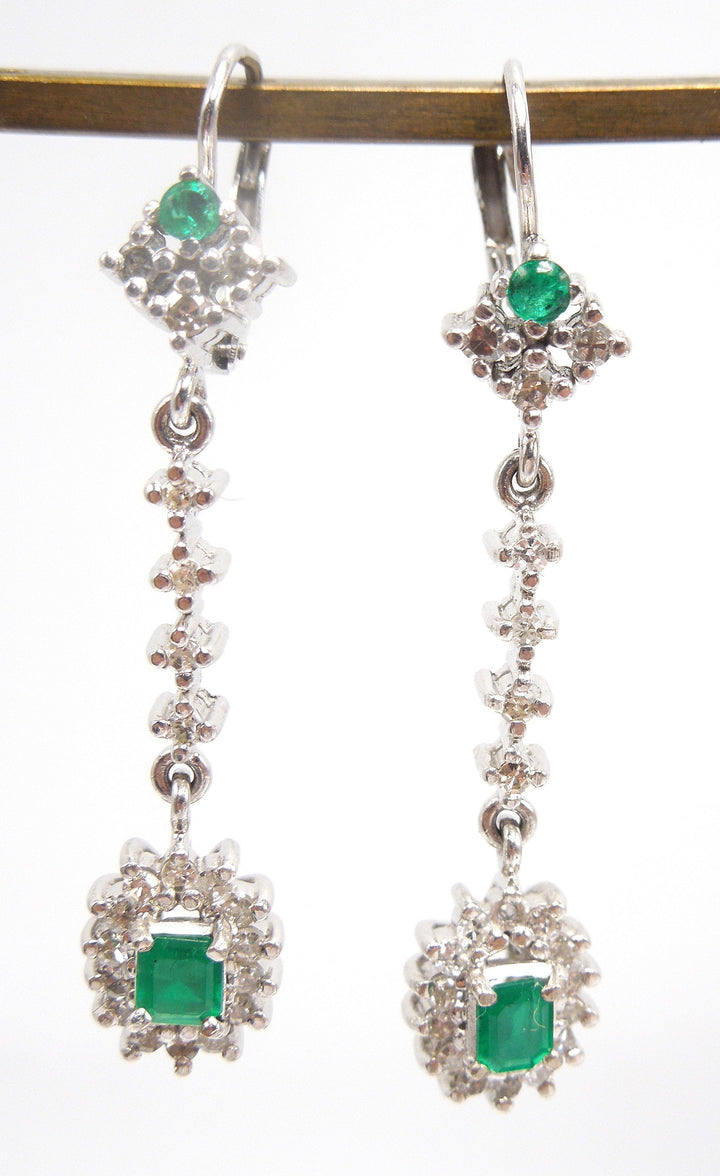 14K White Gold Diamond and Colombian Emerald Drop Earrings