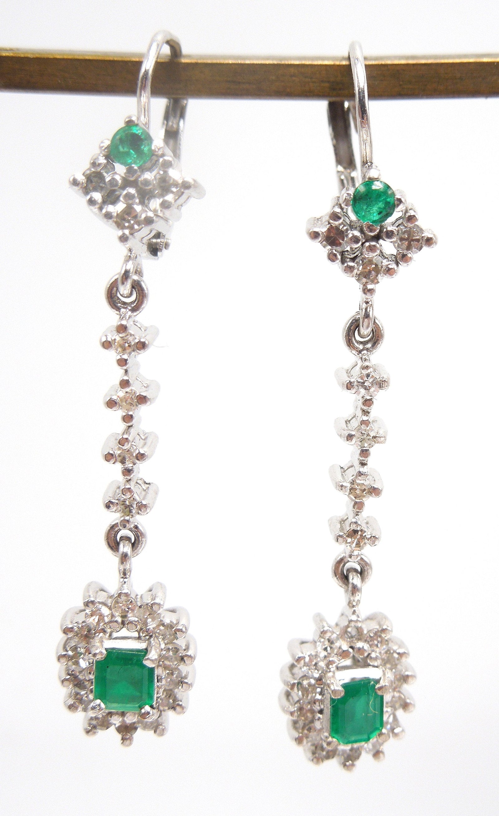 14K White Gold Diamond and Colombian Emerald Drop Earrings