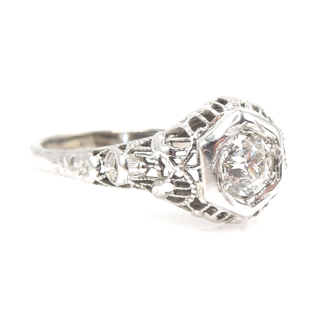 Art Deco White Gold & Diamond Engagement Ring - Half Carat European Cut