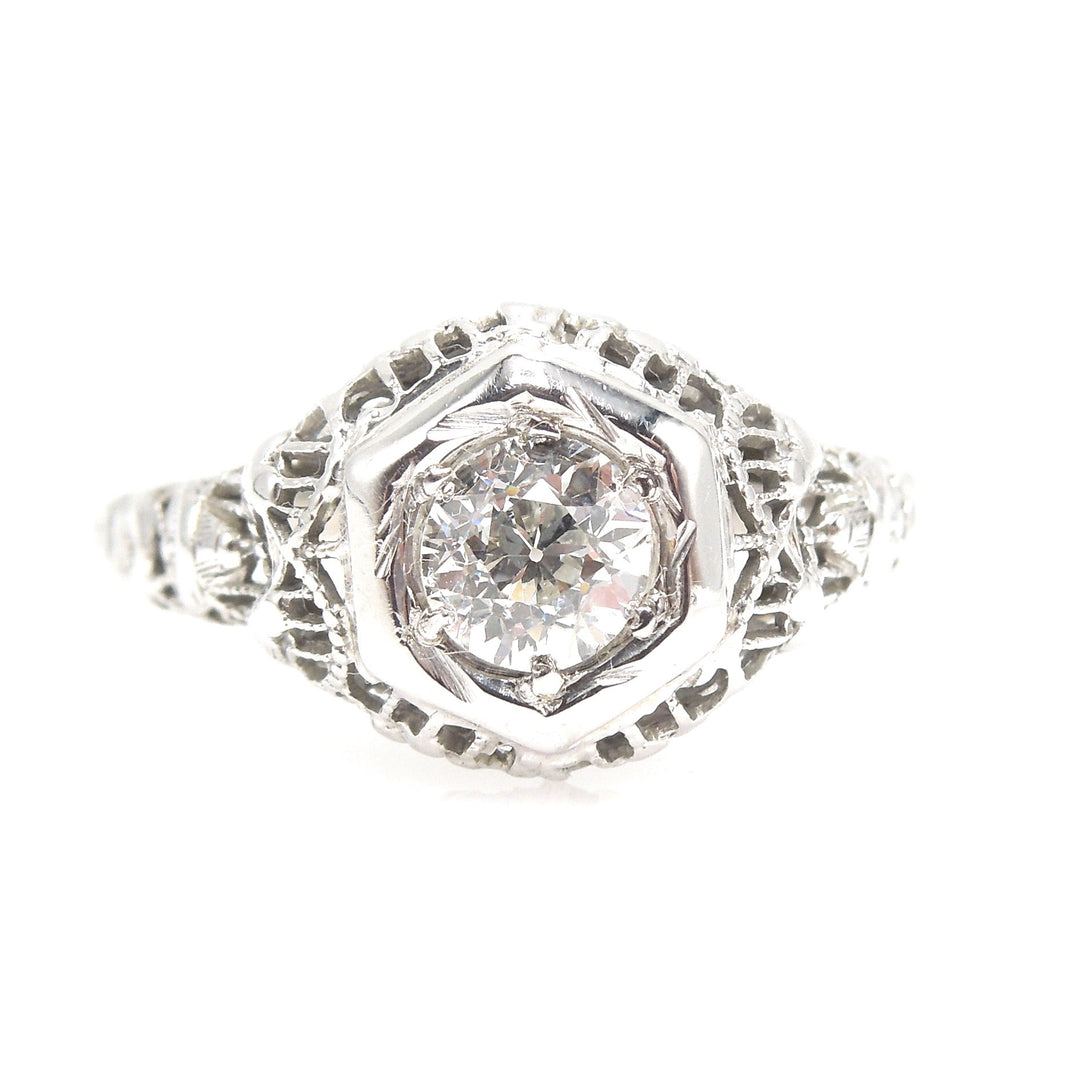 Art Deco White Gold & Diamond Engagement Ring - Half Carat European Cut