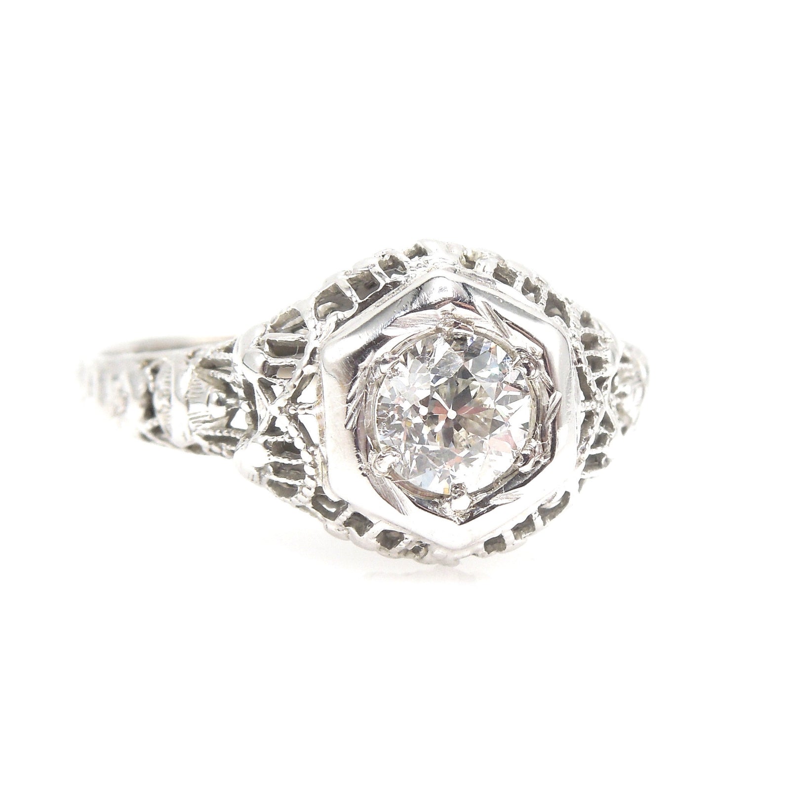 Art Deco White Gold & Diamond Engagement Ring - Half Carat European Cut