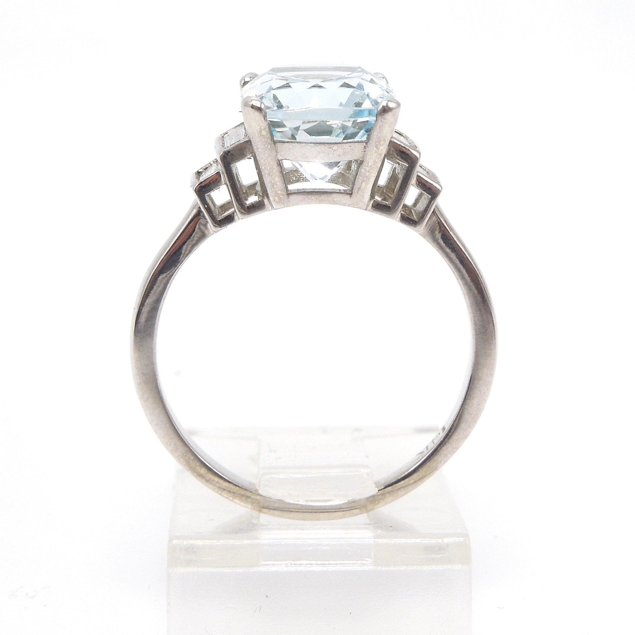 Art Deco Style Ring - Antique Oval Cut Aquamarine with Baguettes in White Gold