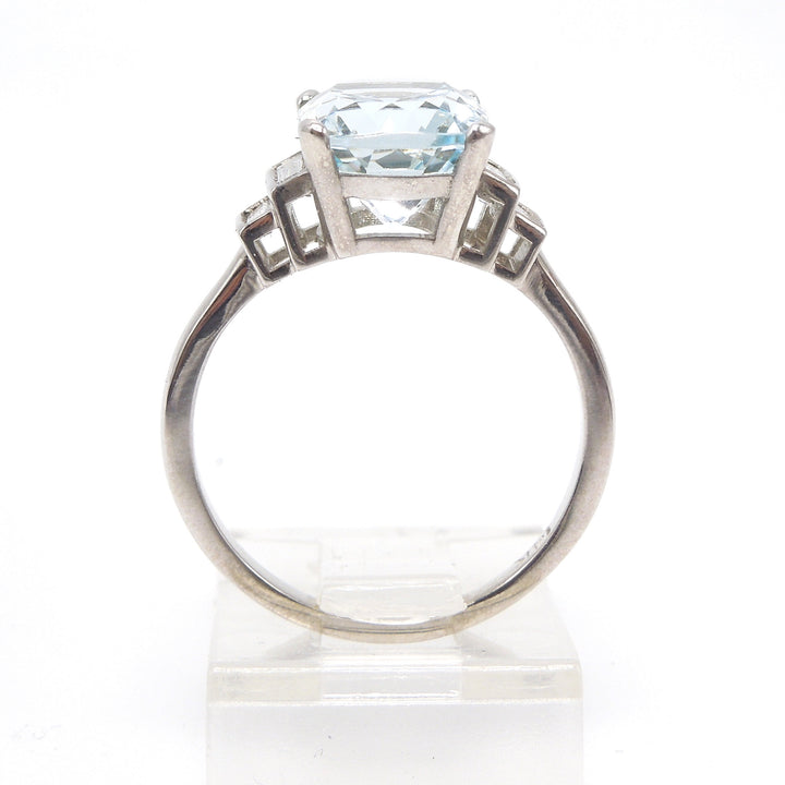 Art Deco Style Ring - Antique Oval Cut Aquamarine with Baguettes in White Gold
