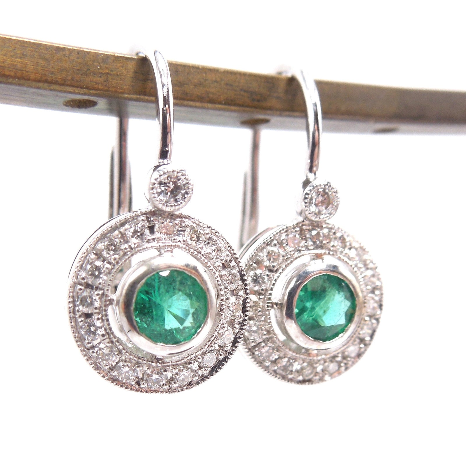 14K White Gold Emerald and Diamond Halo Lever Back Drop Earrings