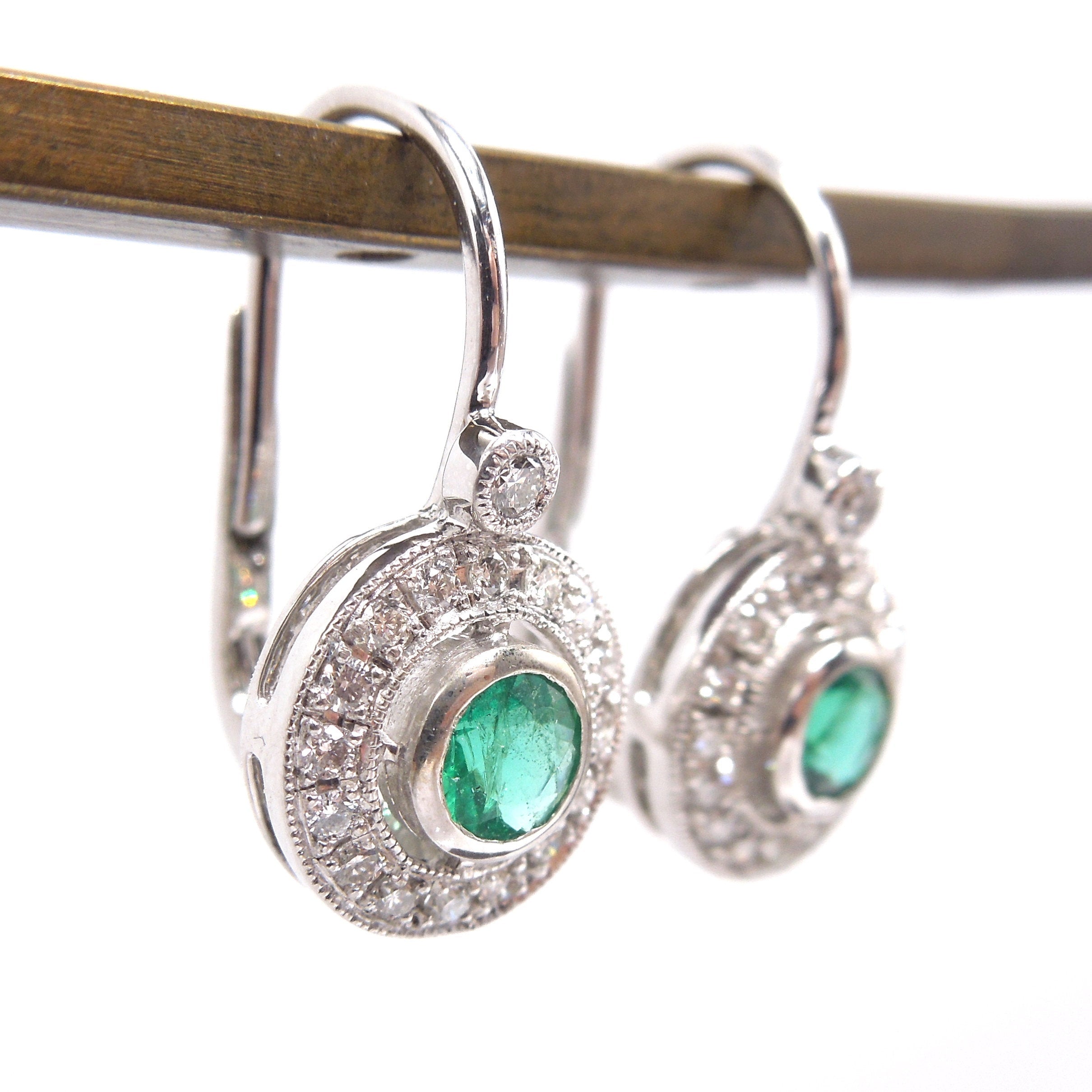 14K White Gold Emerald and Diamond Halo Lever Back Drop Earrings