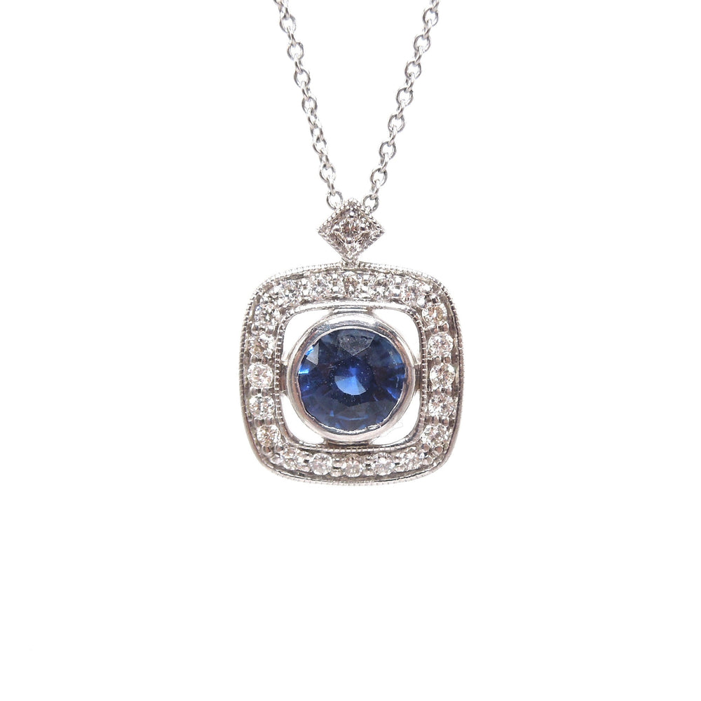 Art Deco Style Sapphire and Diamond White Gold Pendant and Necklace