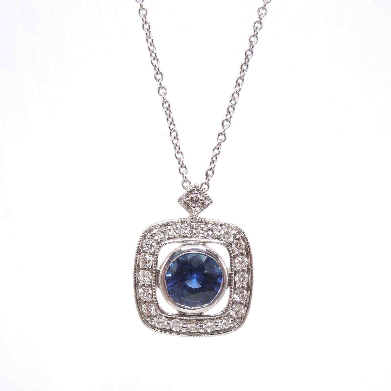 Art Deco Style Sapphire and Diamond White Gold Pendant and Necklace
