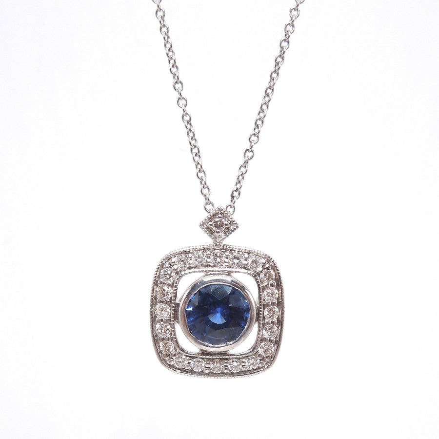 Art Deco Style Sapphire and Diamond White Gold Pendant and Necklace