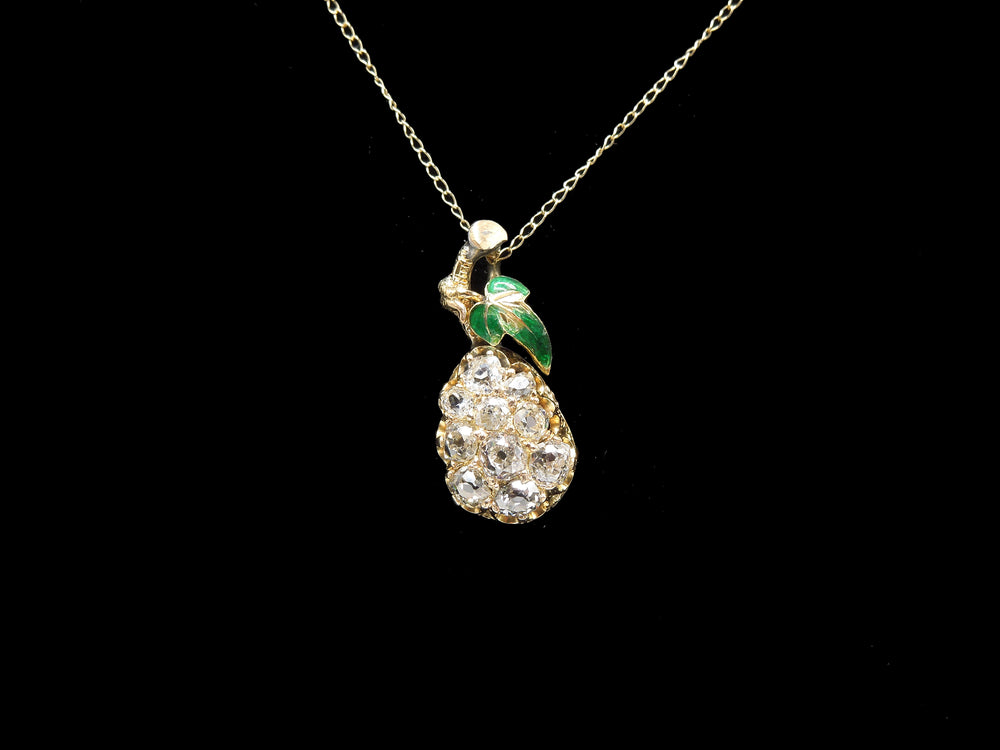 Antique Victorian Yellow Gold and Enamel Pear Pendant with Old Mine Cut Diamonds