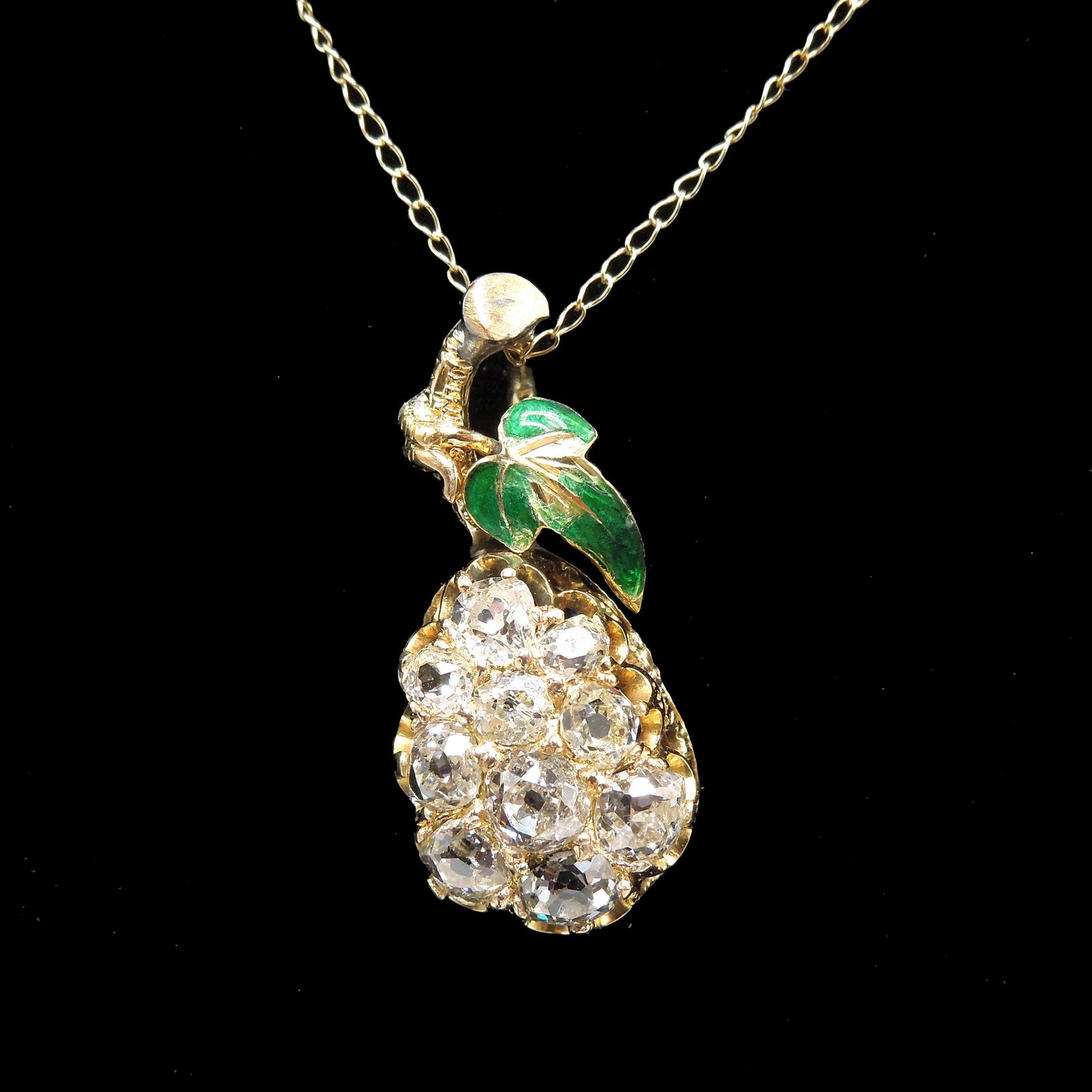 Antique Victorian Yellow Gold and Enamel Pear Pendant with Old Mine Cut Diamonds