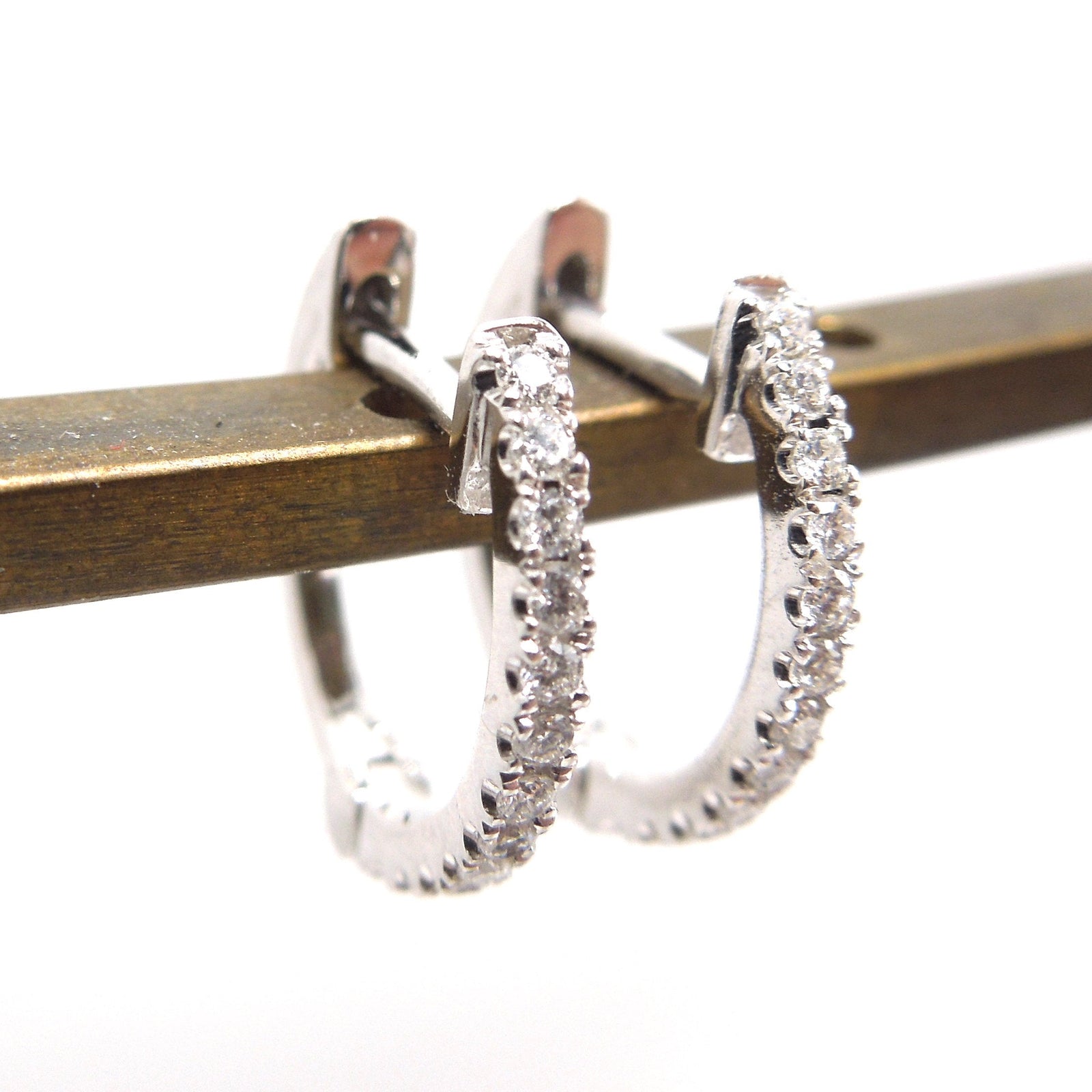 14K White Gold and Diamond Huggies - Petite Hoop Earrings
