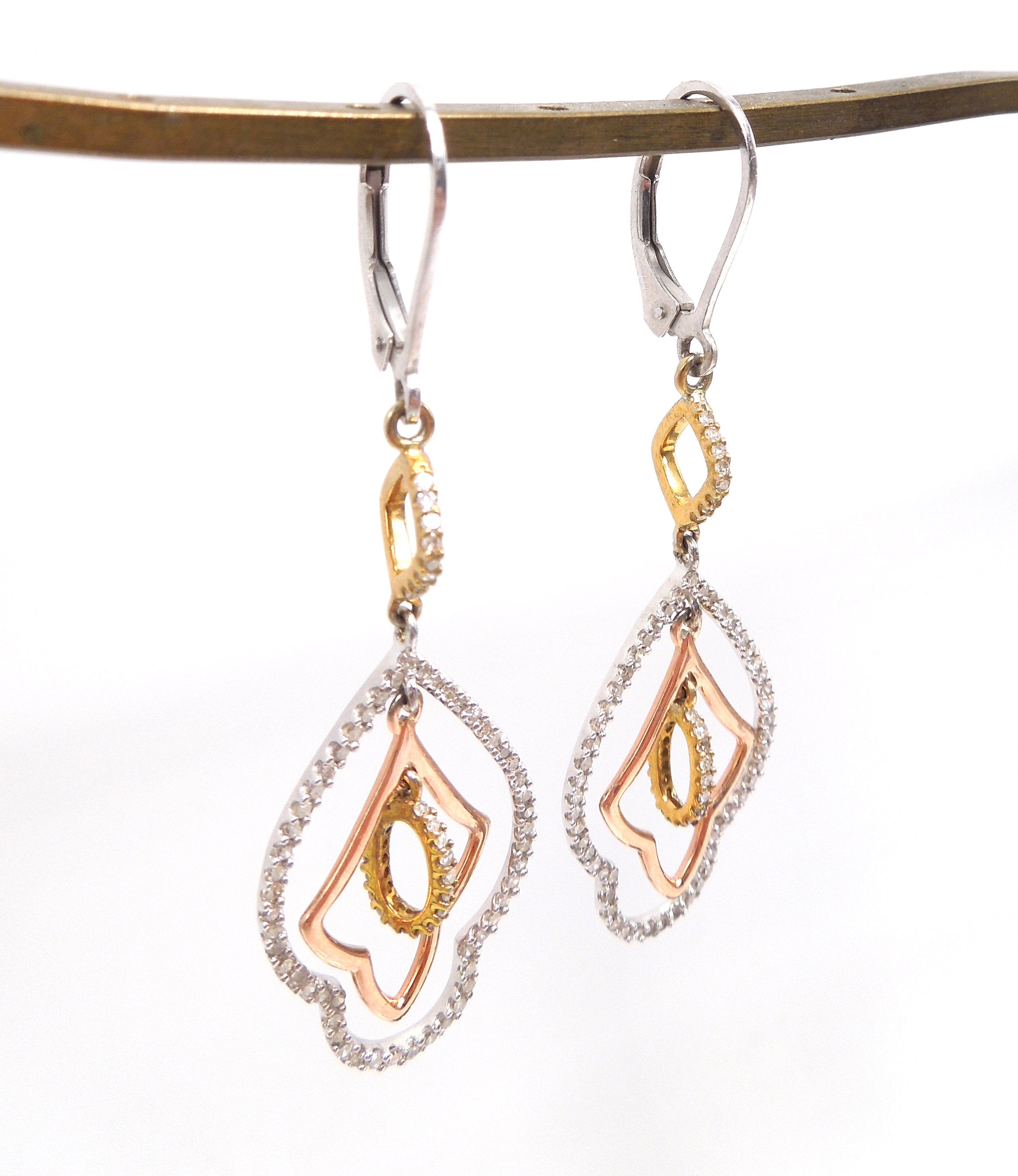 Tricolor Gold and Diamond Earrings in Sterling Silver - Rose Gold Plate, Yellow Gold Plate