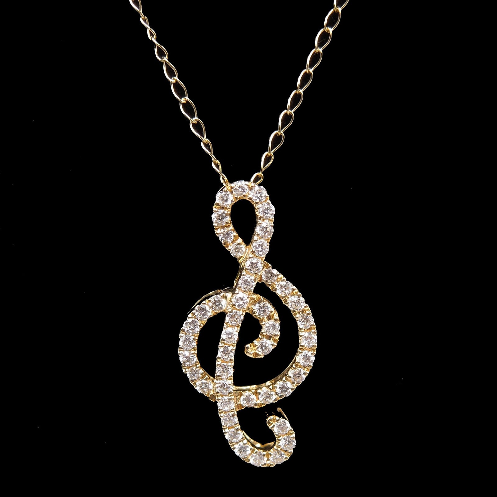 18K Yellow Gold and Diamond Treble Clef Necklace