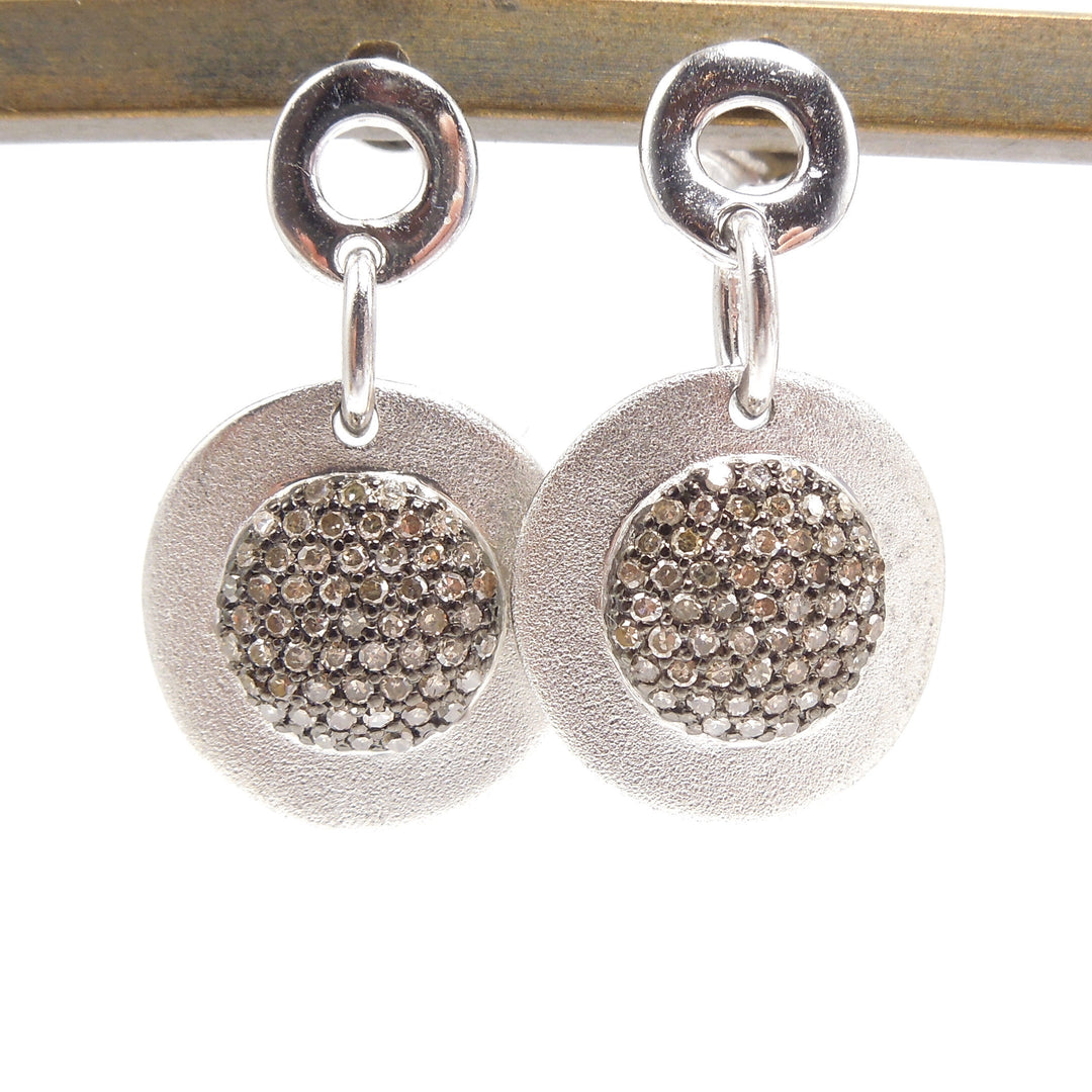 Matte Finished Sterling Silver Disc Earrings with Brown Diamonds
