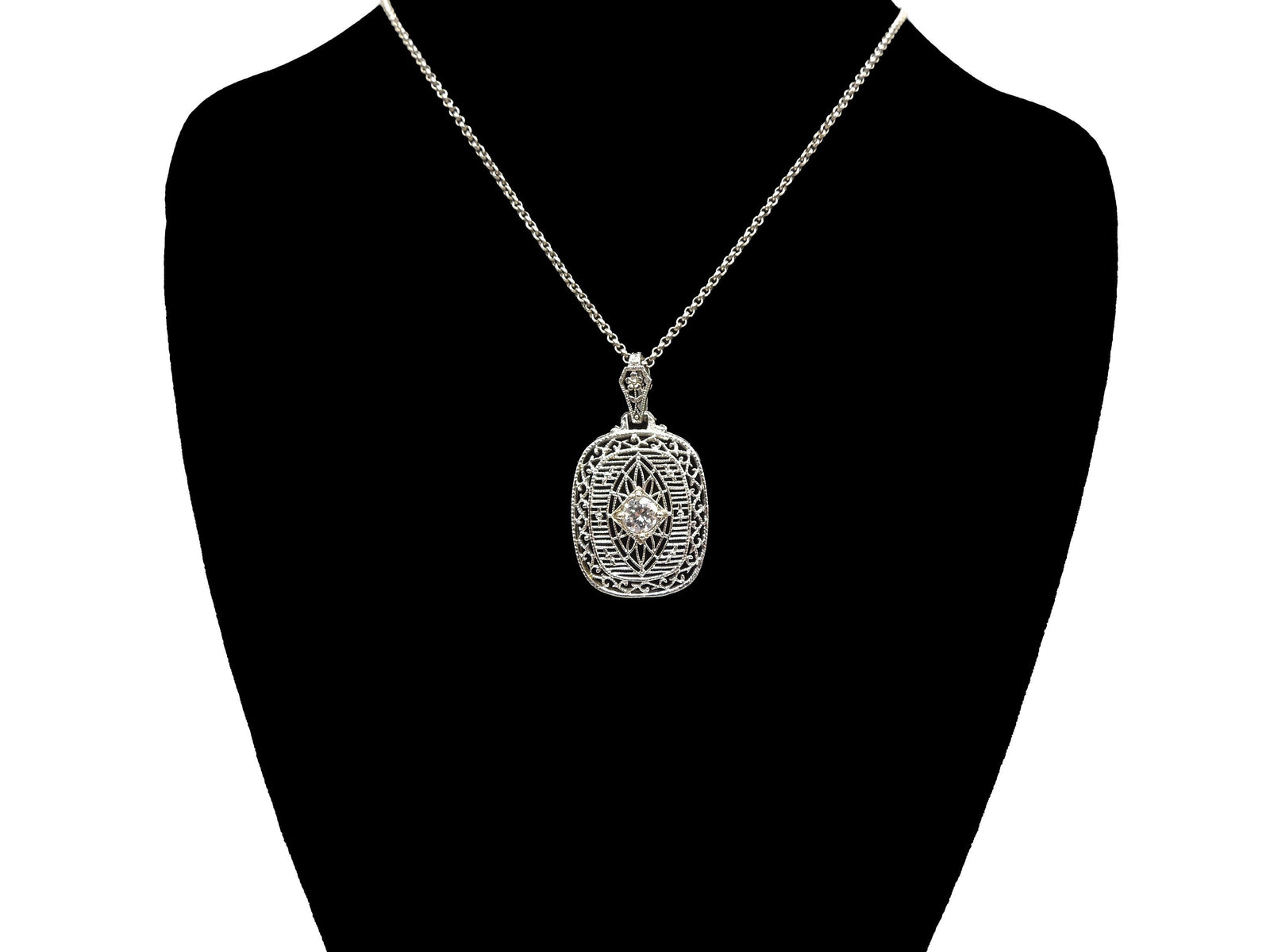 Art Deco White Gold and Quarter Carat Diamond Filigree Pendant Necklace