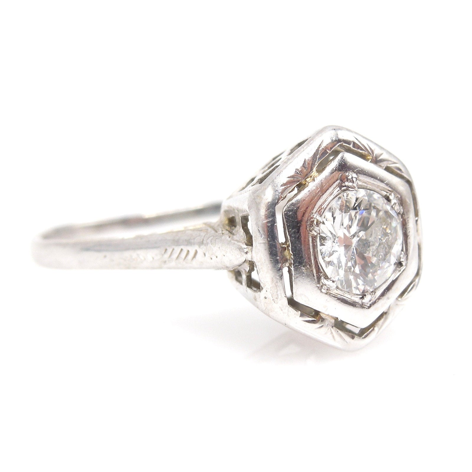 Hexagonal 18K White Gold and Diamond Engagement Ring