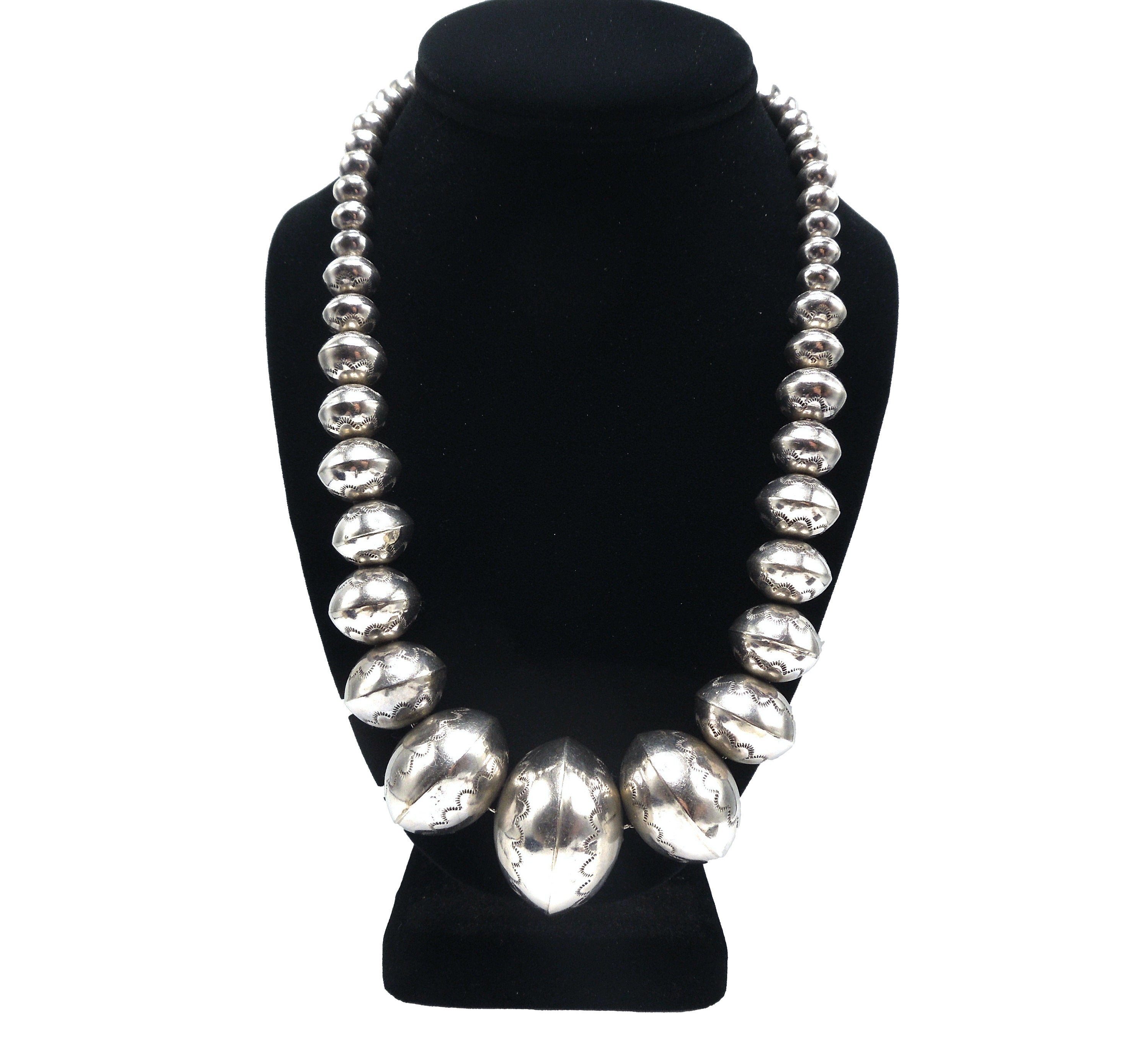 Large Strand of Oversize Sterling Silver Navajo Beads - Necklace