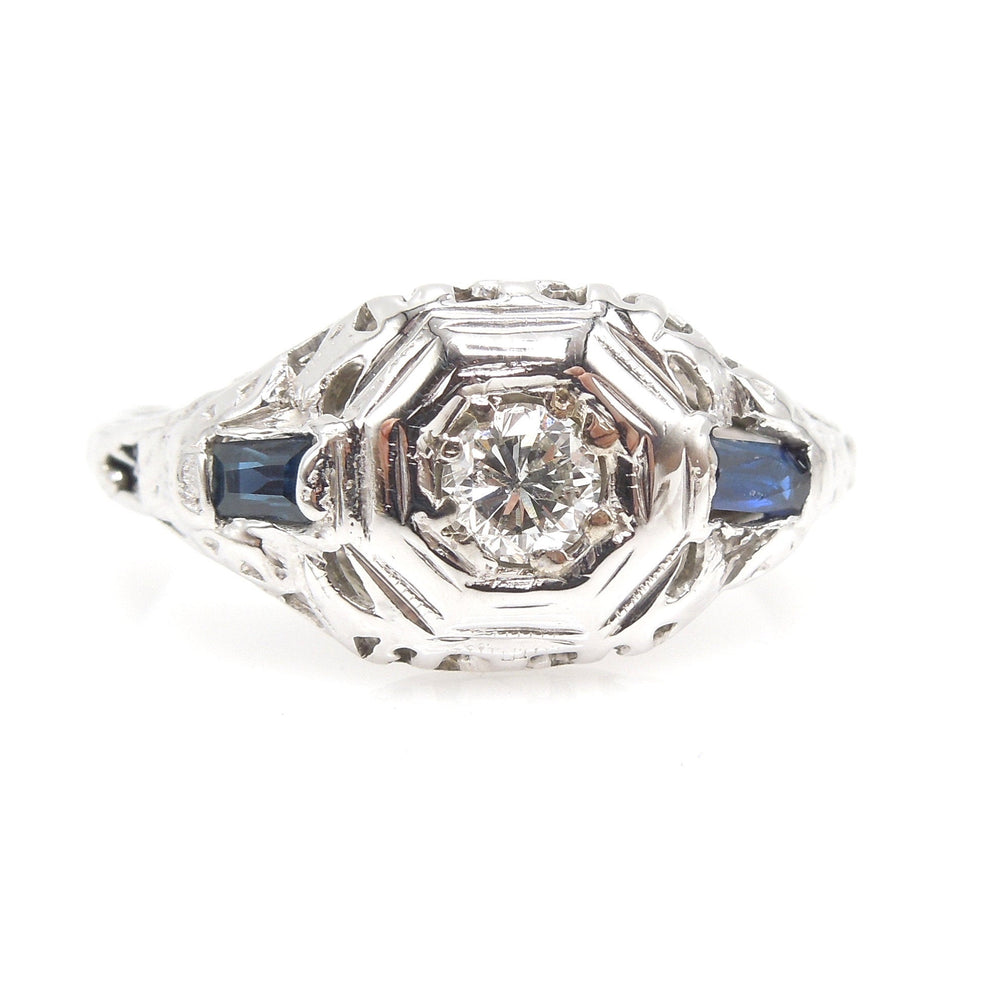 Art Deco Diamond and 18K White Gold Ring with Baguette Sapphire Accents