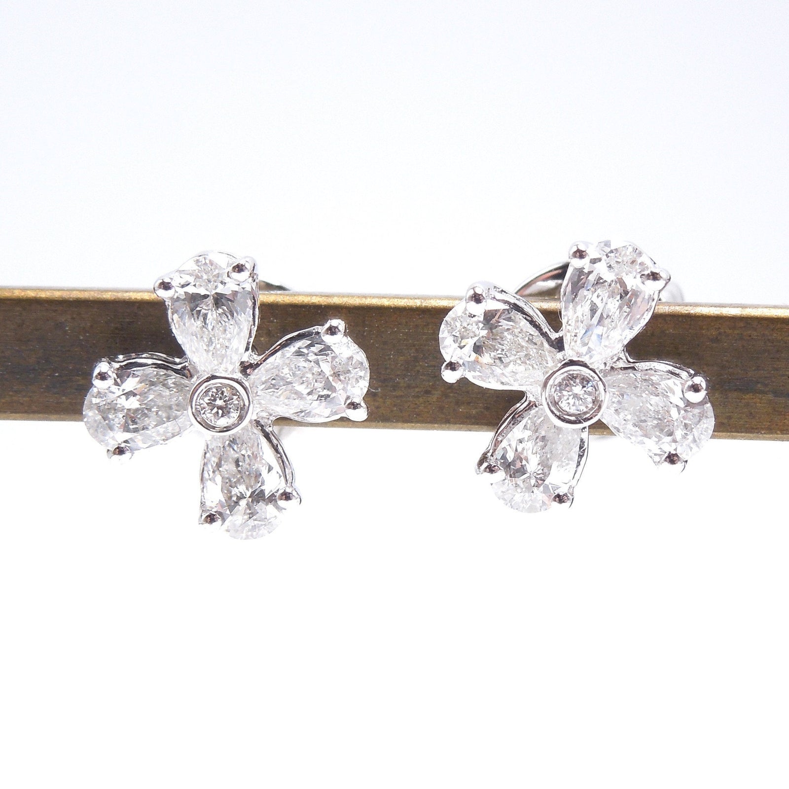 14K White Gold and Pear Shaped Diamond Flower Shaped Stud Earrings