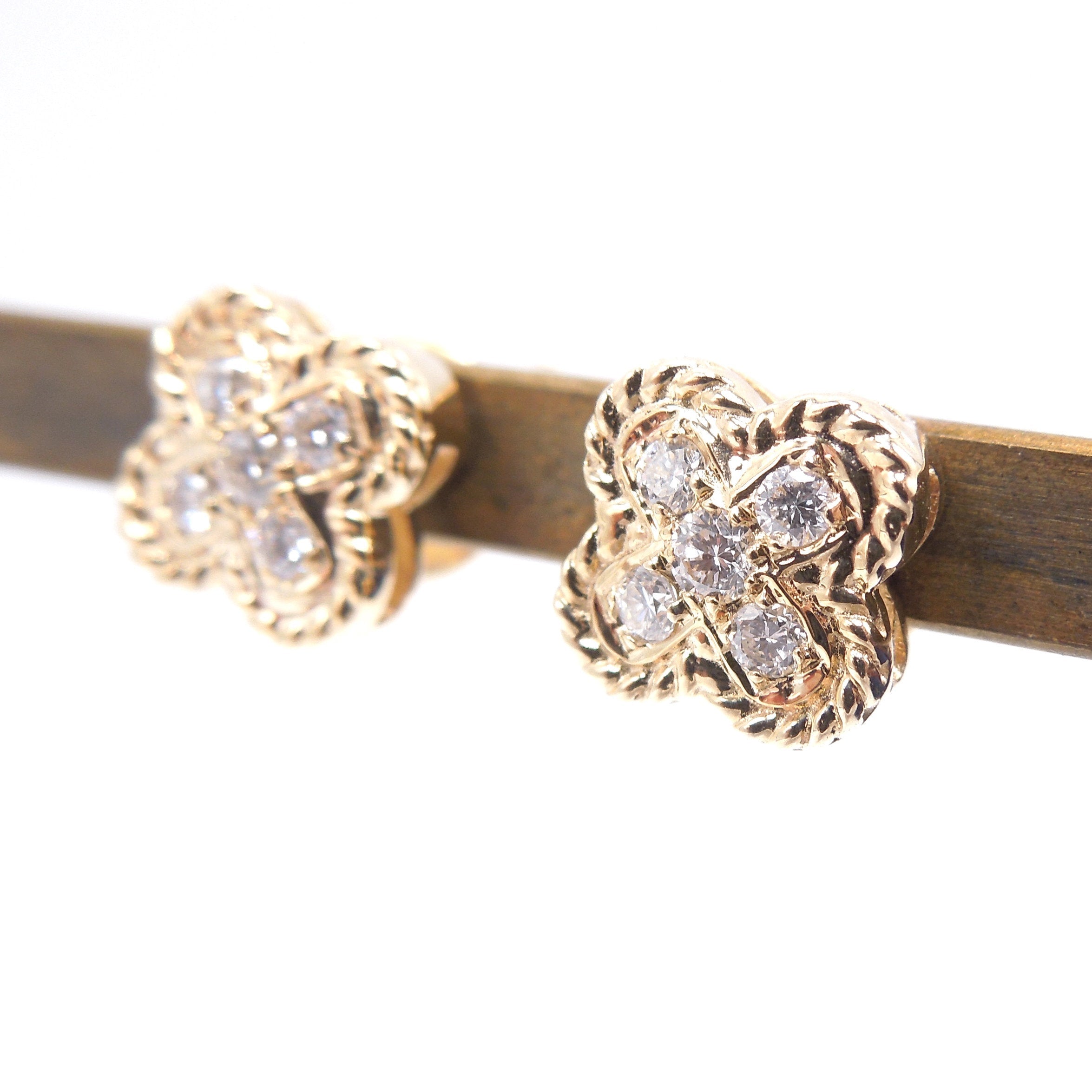 14K Yellow Gold and Diamond Floral Shaped Stud Earrings
