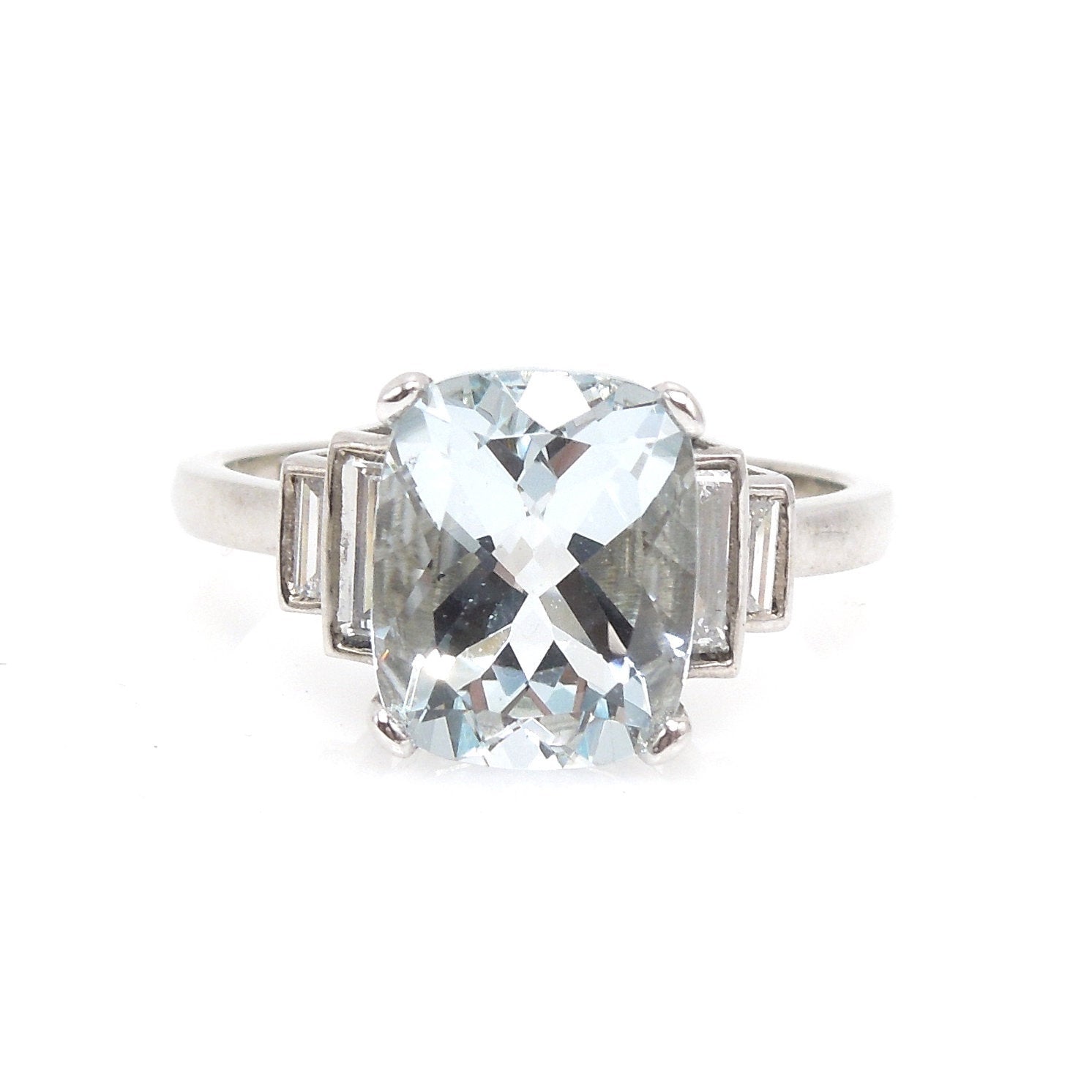 Art Deco Style Ring - Antique Oval Cut Aquamarine with Baguettes in White Gold