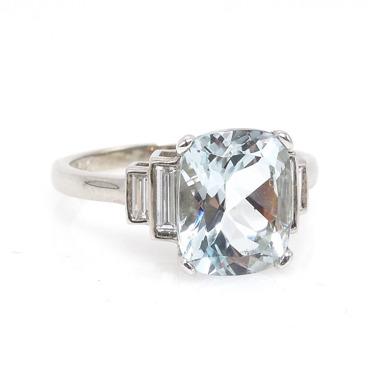 Art Deco Style Ring - Antique Oval Cut Aquamarine with Baguettes in White Gold