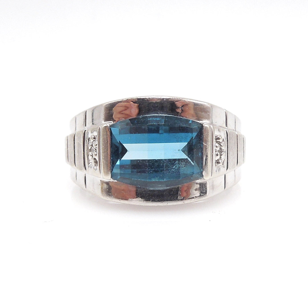 10K White Gold & Barrel Cut London Blue Topaz Man's Ring with Diamonds