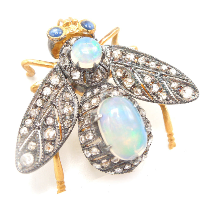 Gilded and Oxidized Sterling Silver Bee Pin/Pendant with Opals, Diamonds, and Sapphires