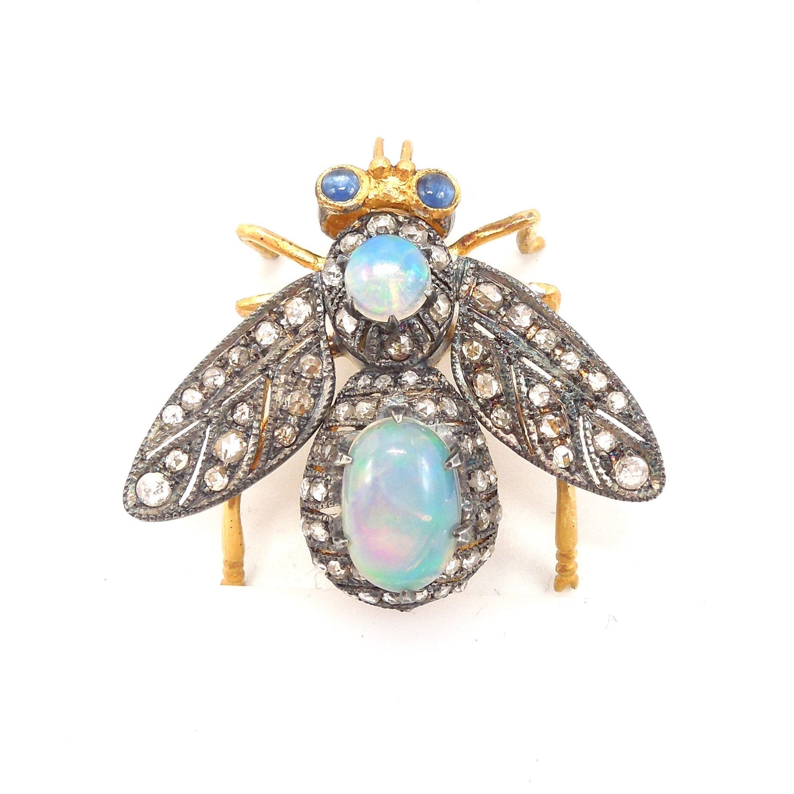 Gilded and Oxidized Sterling Silver Bee Pin/Pendant with Opals, Diamonds, and Sapphires