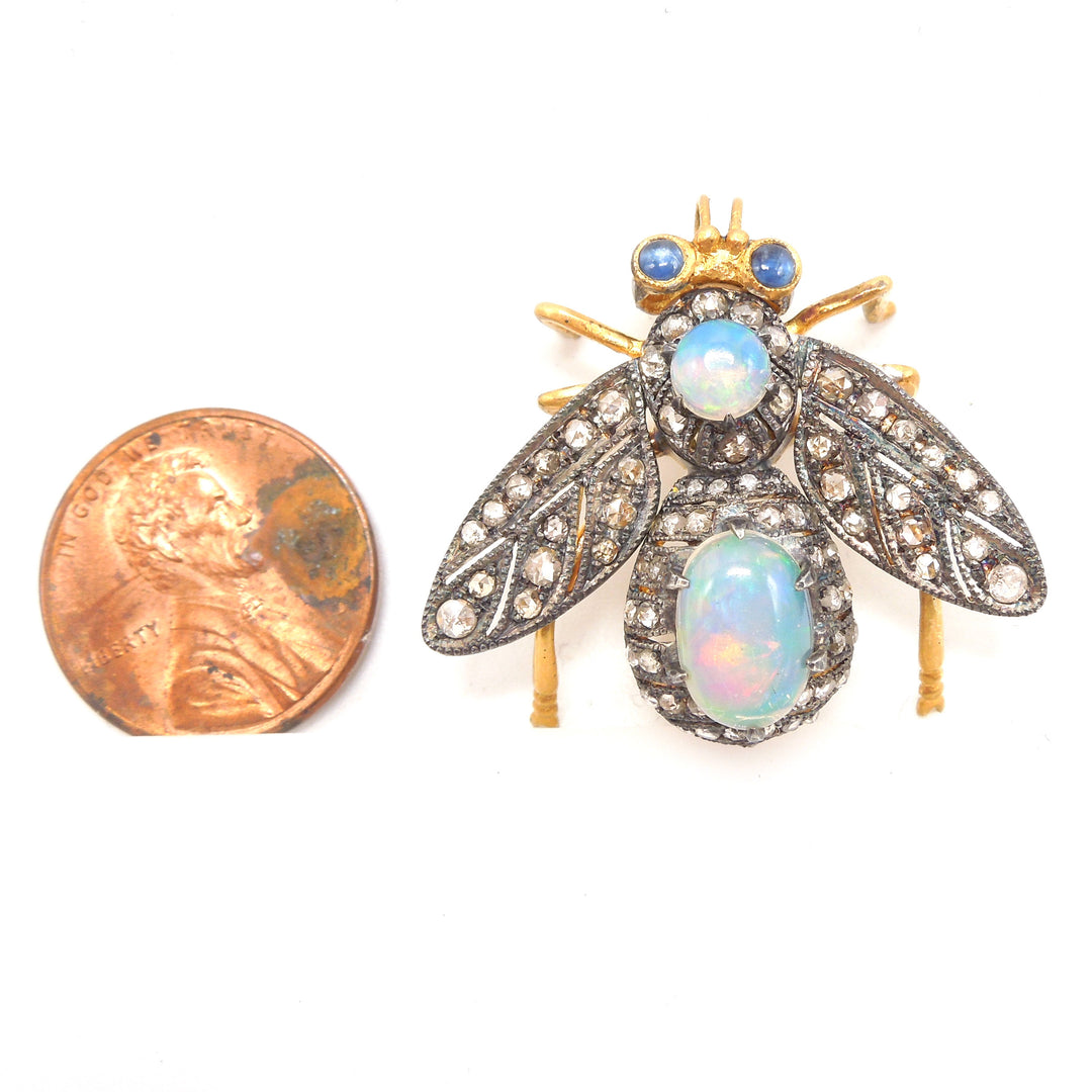 Gilded and Oxidized Sterling Silver Bee Pin/Pendant with Opals, Diamonds, and Sapphires