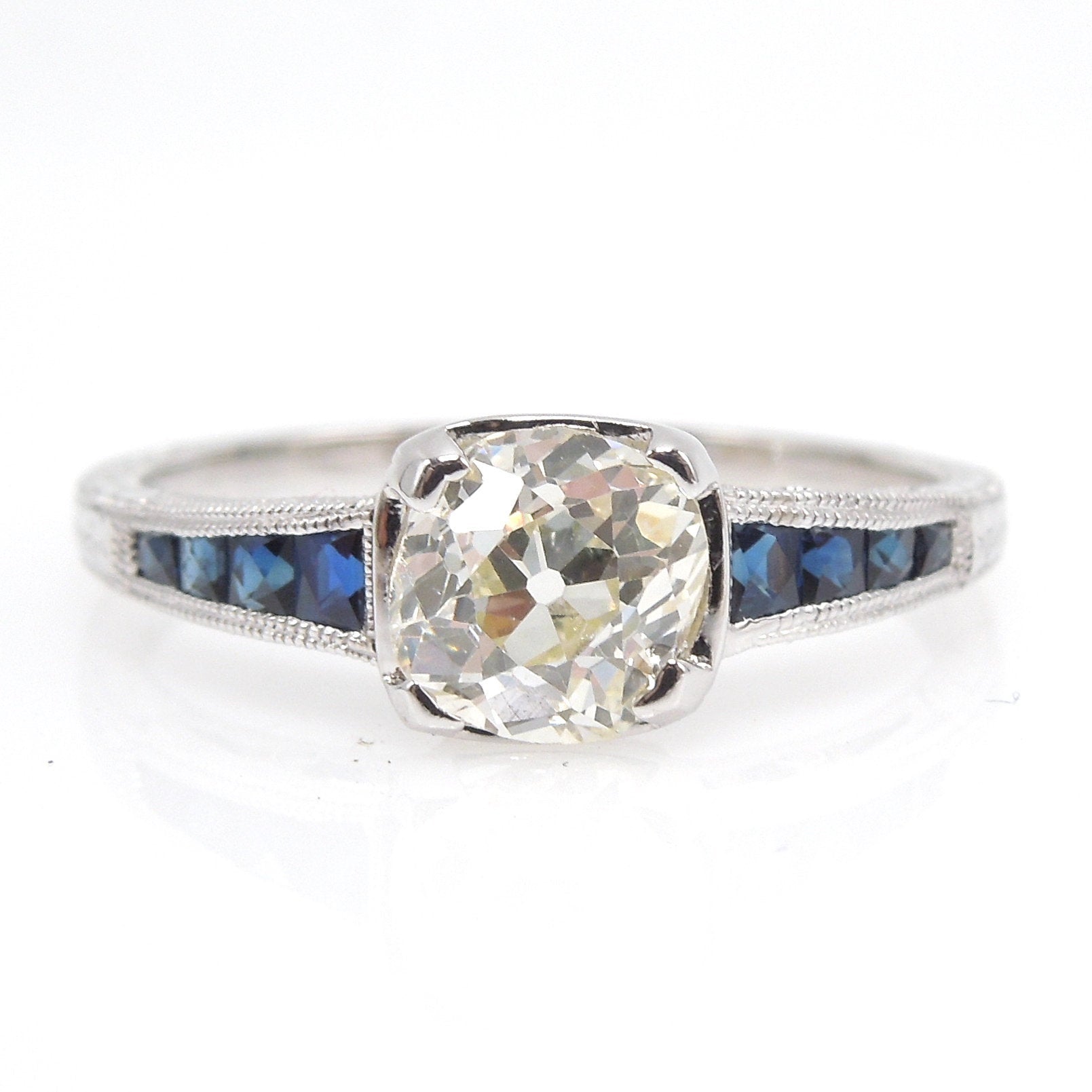 0.93ct Old Mine Cut in Art Deco Style Engagement Ring with French Cut Sapphires - White Gold