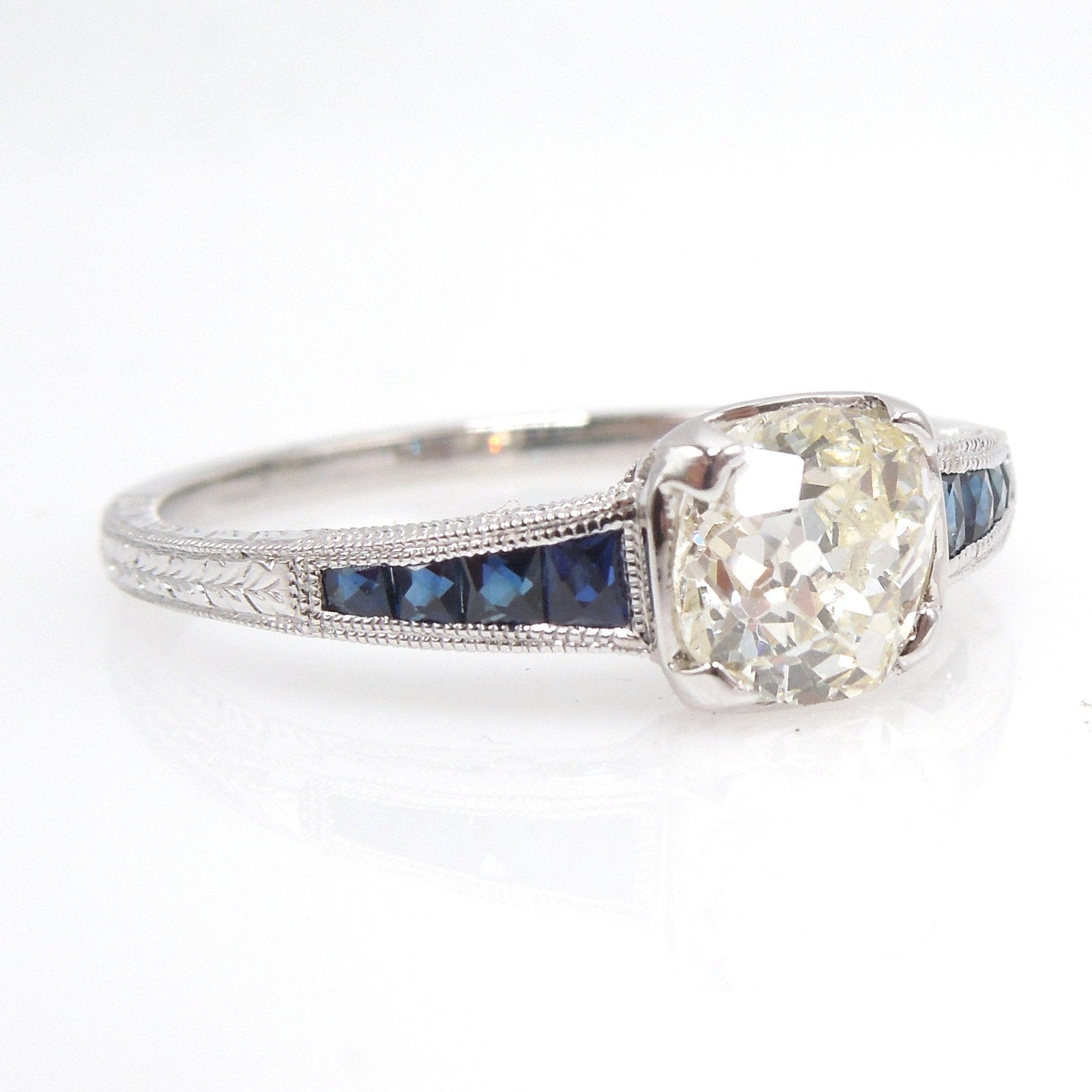 0.93ct Old Mine Cut in Art Deco Style Engagement Ring with French Cut Sapphires - White Gold