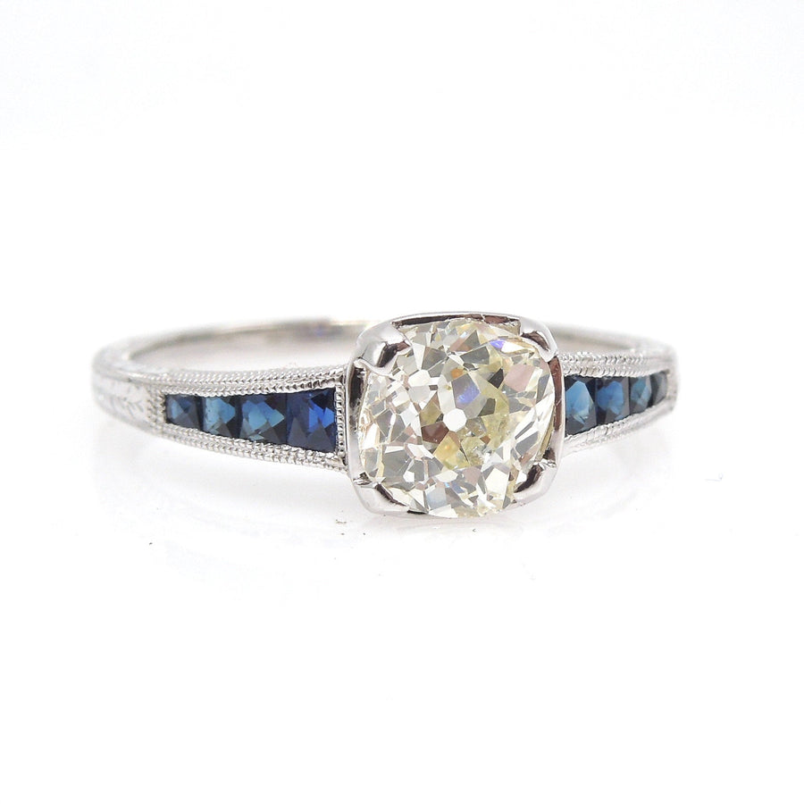 0.93ct Old Mine Cut in Art Deco Style Engagement Ring with French Cut Sapphires - White Gold