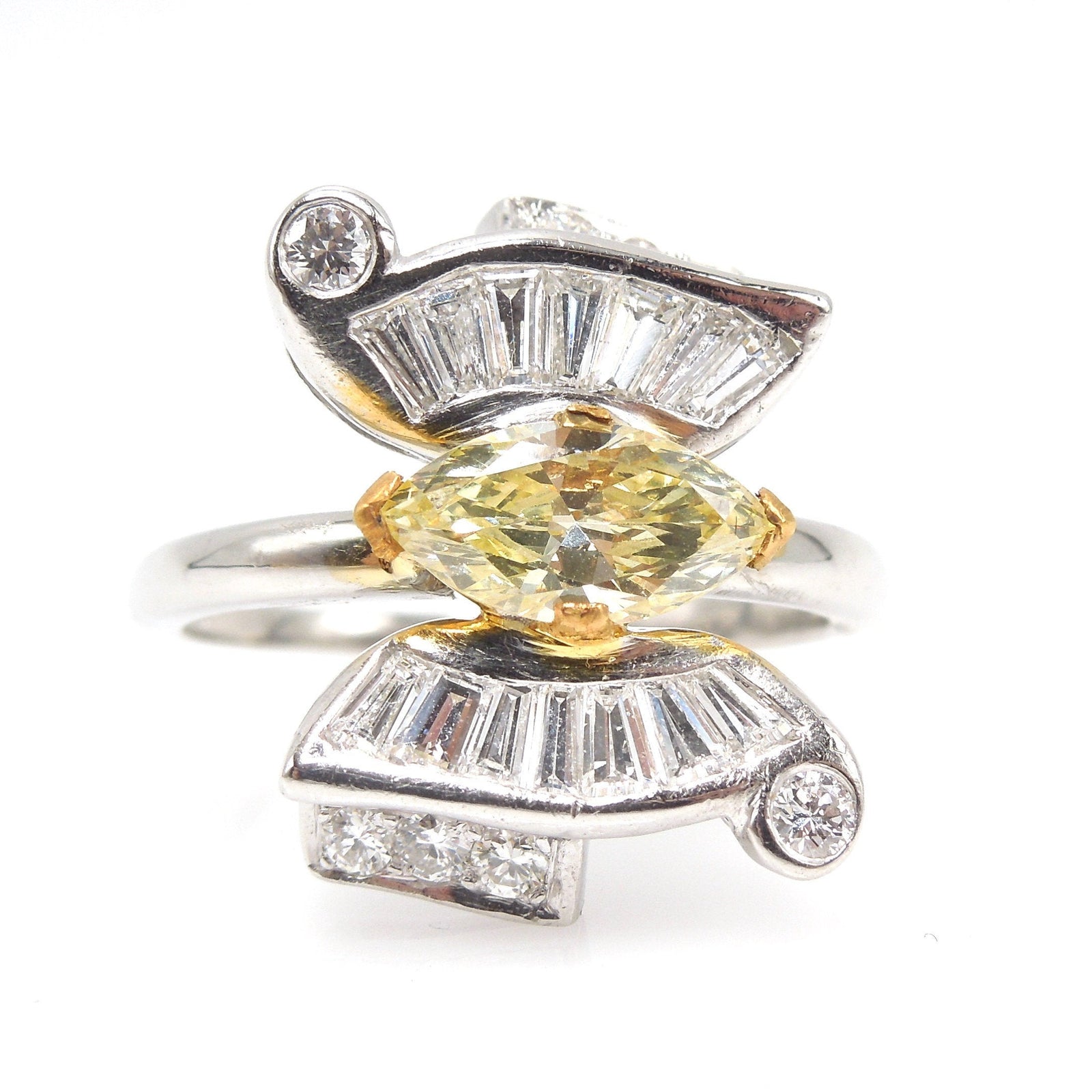 Fancy Natural Yellow Marquise Cut Diamond Butterfly Ring with Baguettes in Platinum