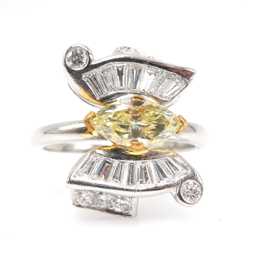 Fancy Natural Yellow Marquise Cut Diamond Butterfly Ring with Baguettes in Platinum