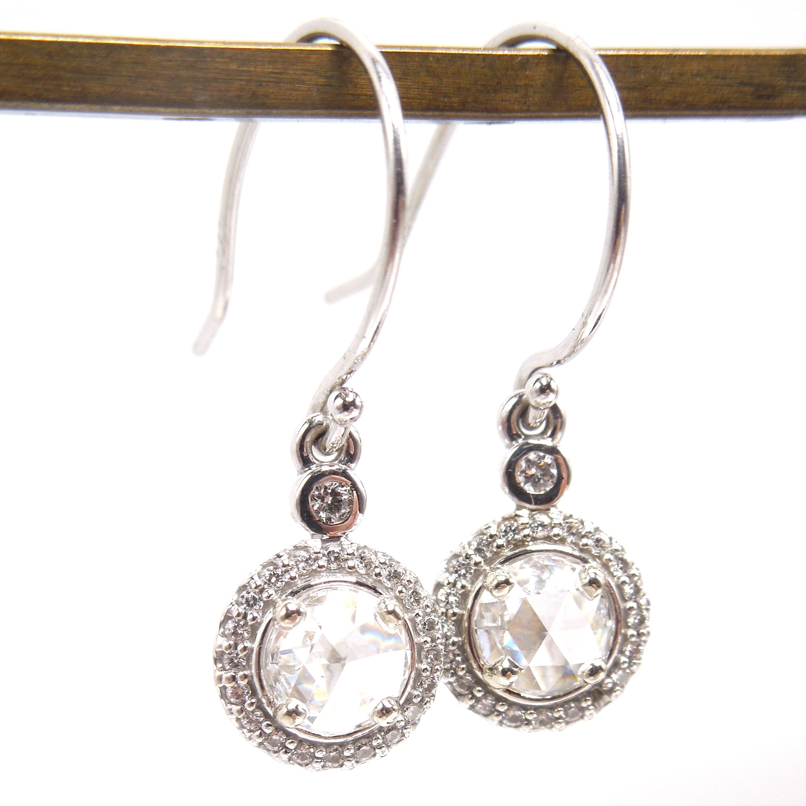Rose Cut Diamonds and Diamond Halo Drop Earrings in 14K White Gold