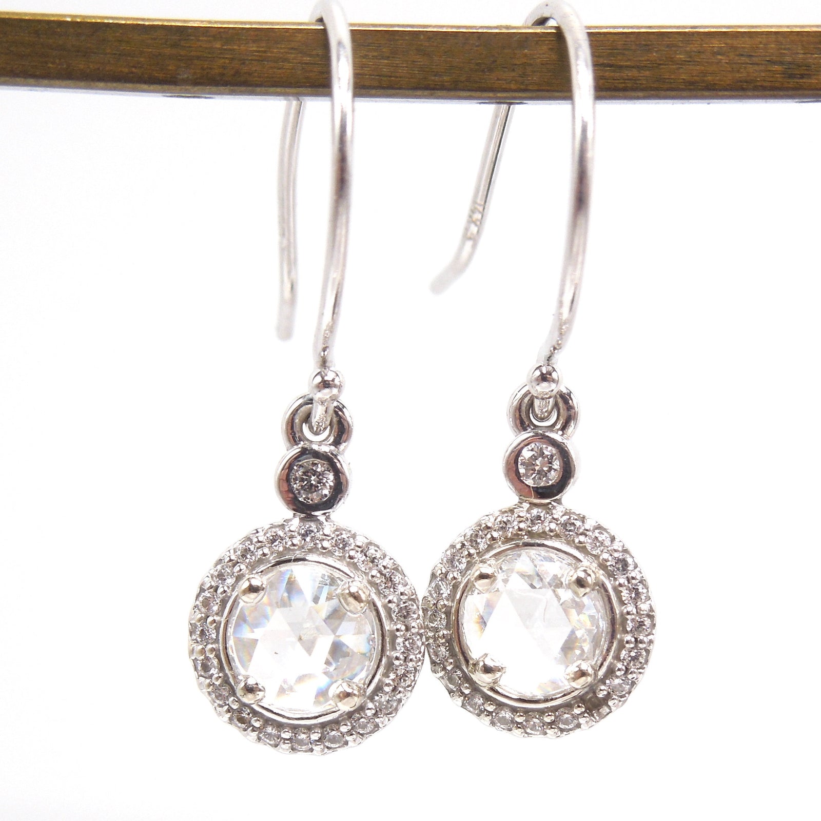 Rose Cut Diamonds and Diamond Halo Drop Earrings in 14K White Gold