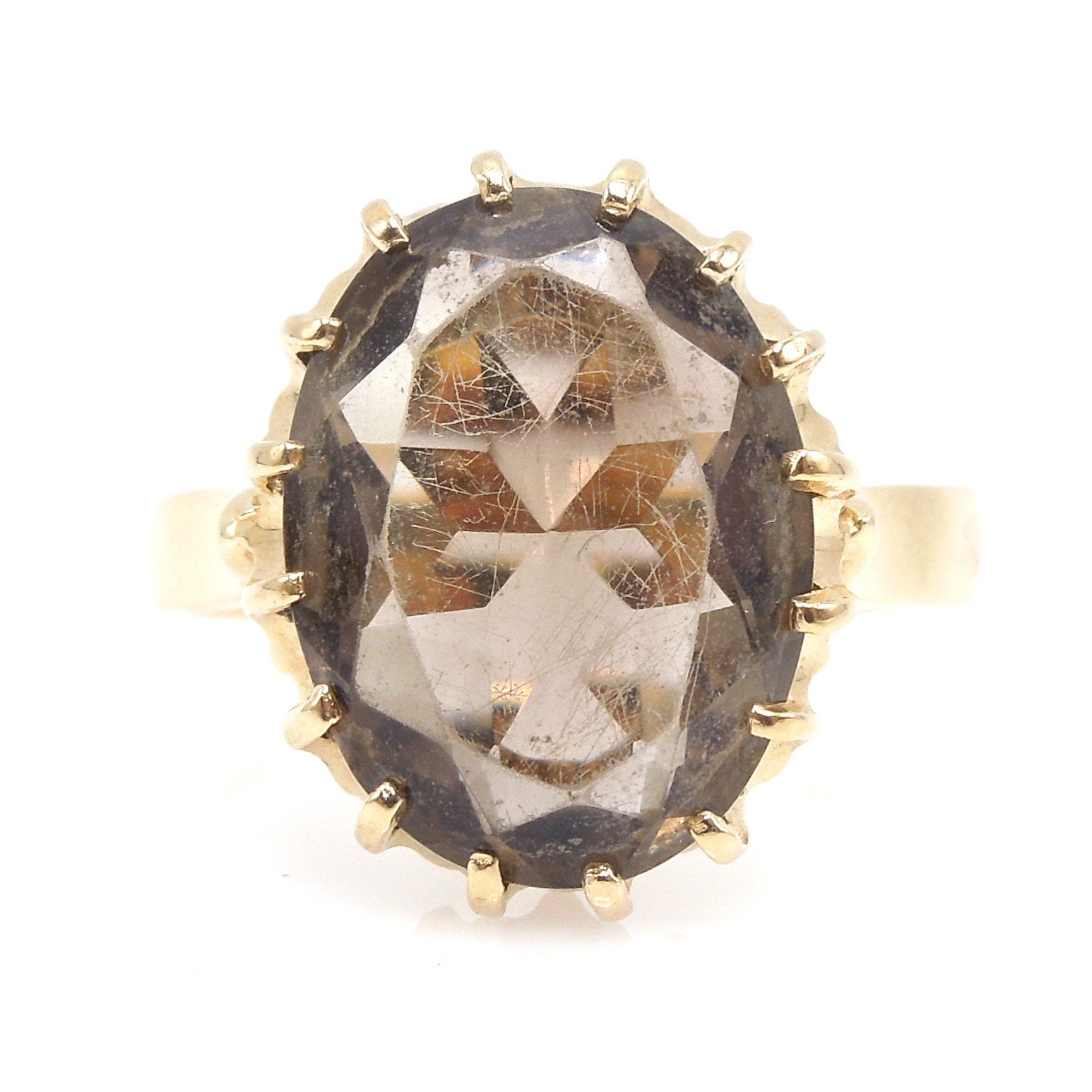 Estate Oval Smoky Quartz Cocktail Ring in 14K Yellow Gold