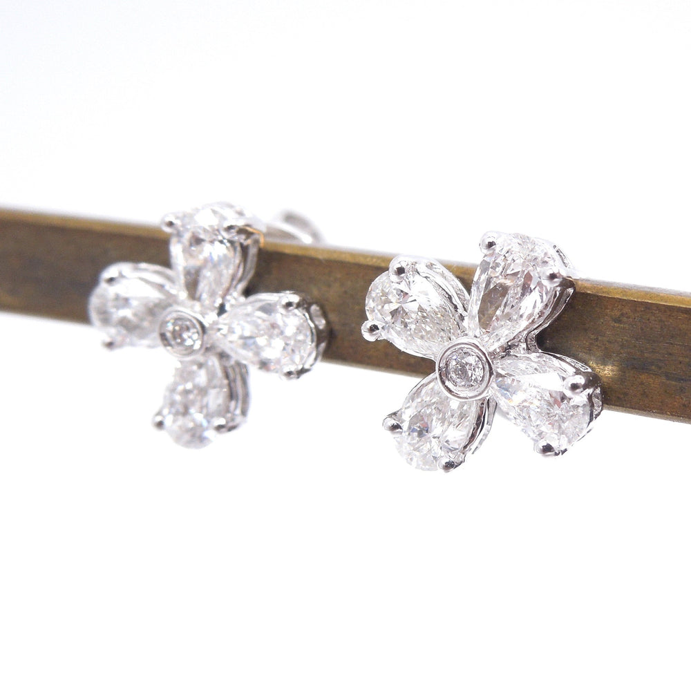 14K White Gold and Pear Shaped Diamond Flower Shaped Stud Earrings
