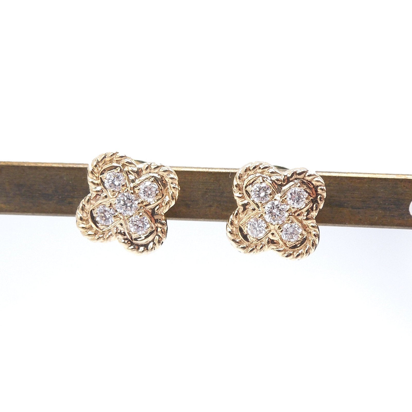 14K Yellow Gold and Diamond Floral Shaped Stud Earrings