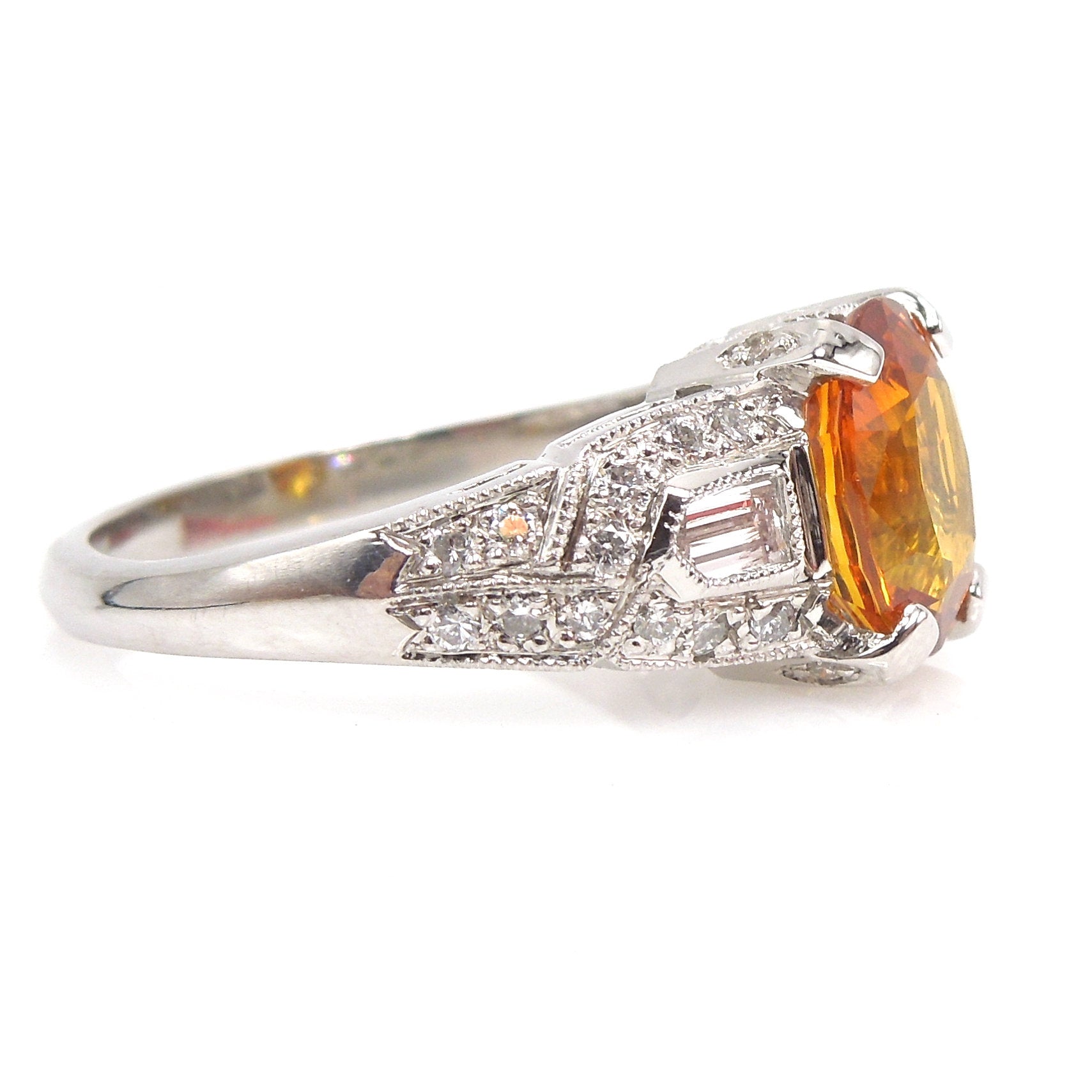 2.03 Carat Oval Cut Orange Sapphire in Art Deco Style Ring in Platinum