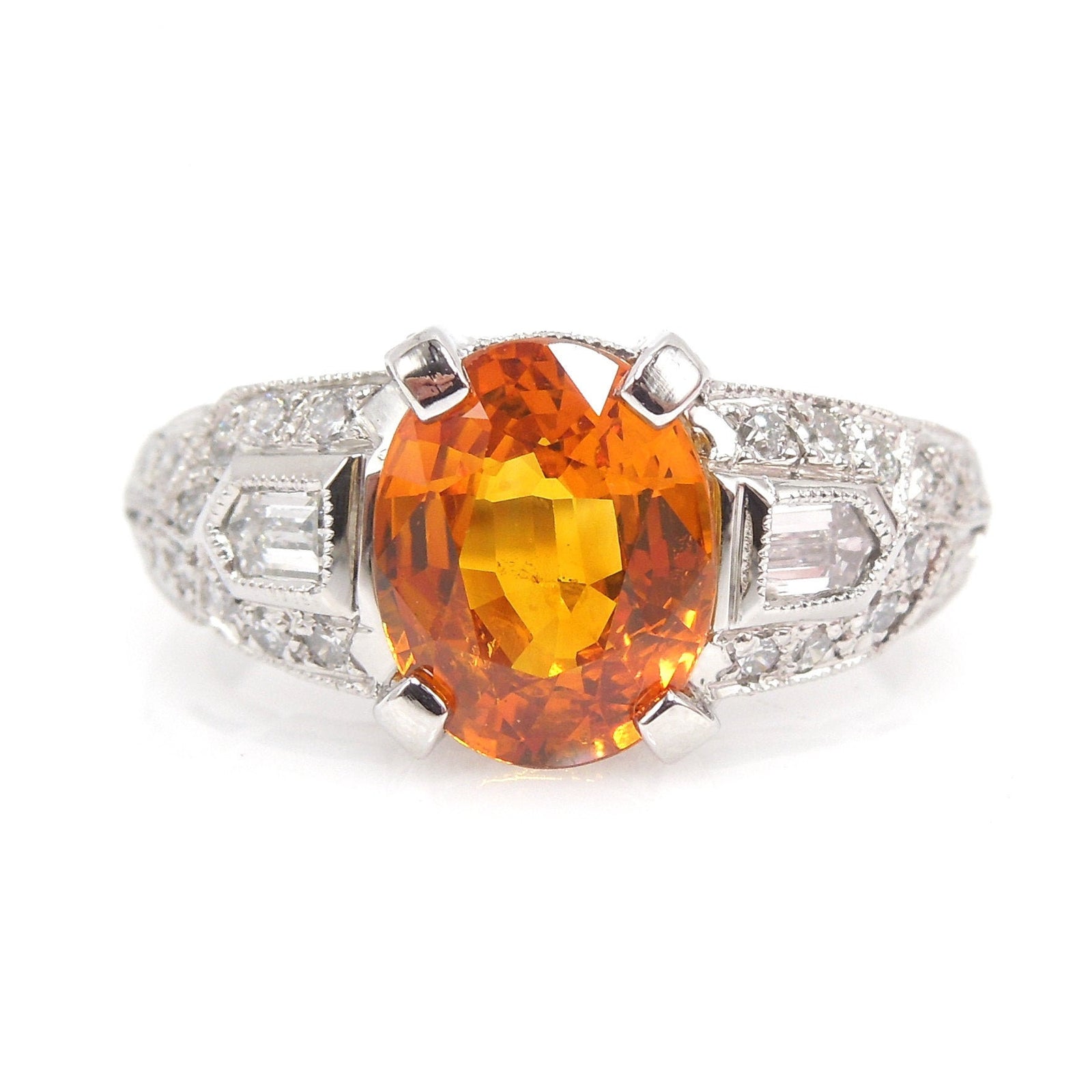 2.03 Carat Oval Cut Orange Sapphire in Art Deco Style Ring in Platinum