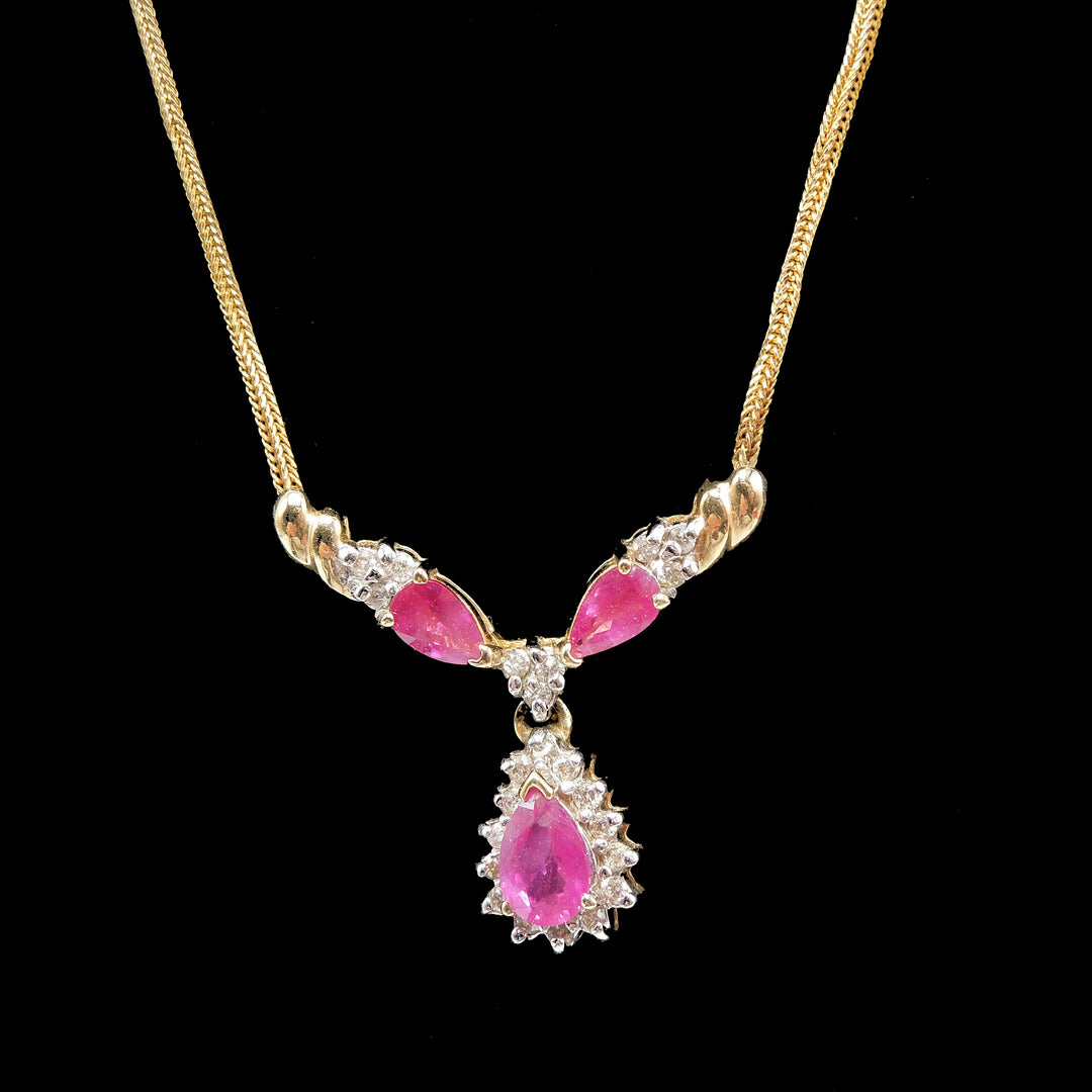 Pear Shaped Ruby and Diamond Necklace on 16" 14K Yellow Gold Chain