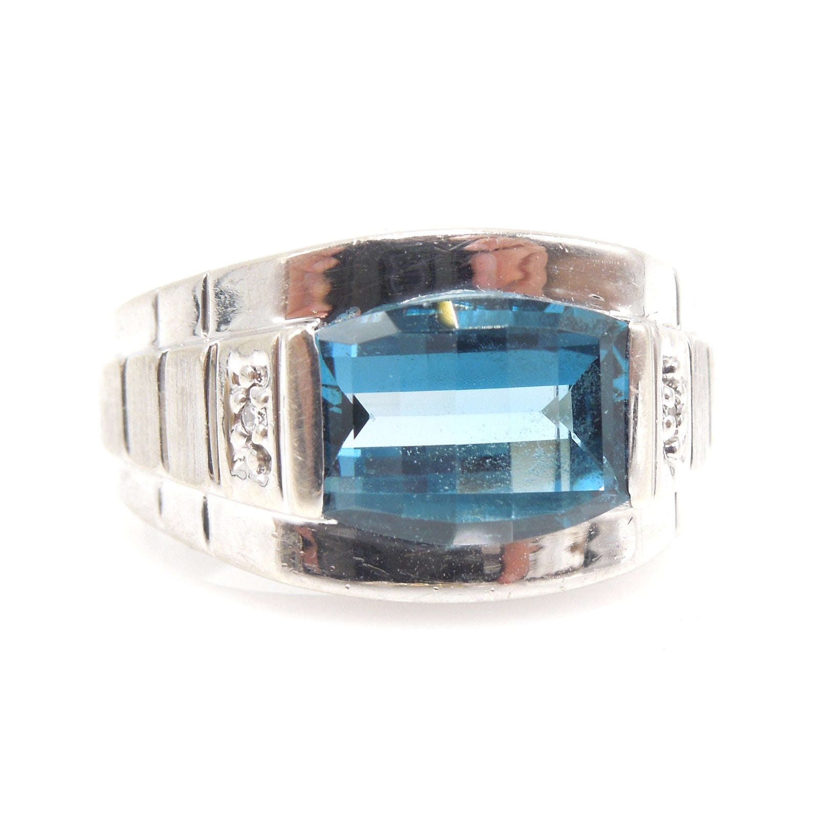 10K White Gold & Barrel Cut London Blue Topaz Man's Ring with Diamonds