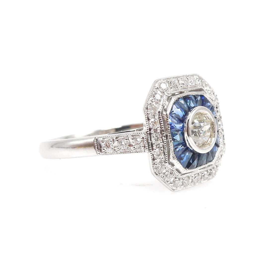 Art Deco Style Square White Gold & Diamond Engagement Ring with Sapphire and Diamond Double Halo