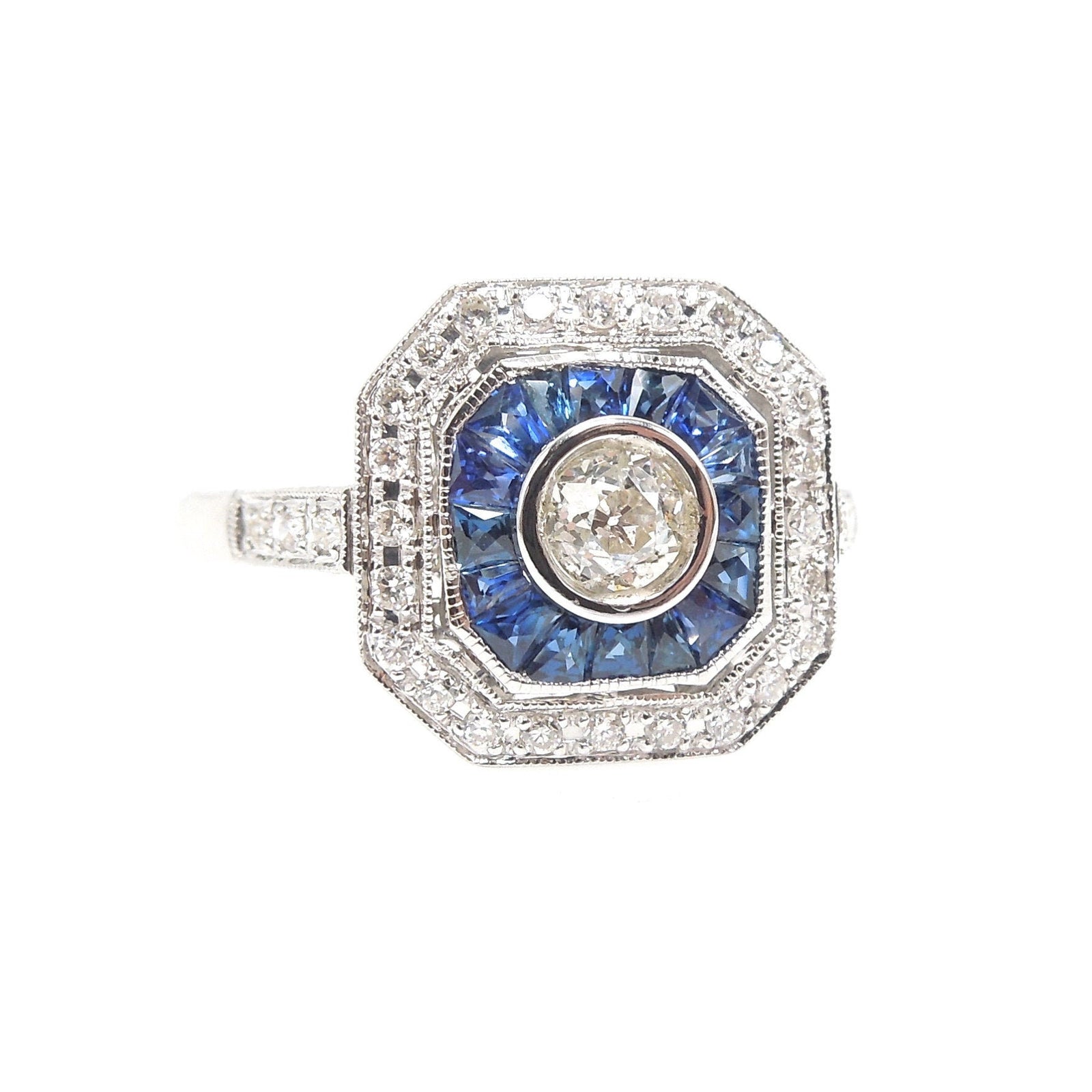 Art Deco Style Square White Gold & Diamond Engagement Ring with Sapphire and Diamond Double Halo