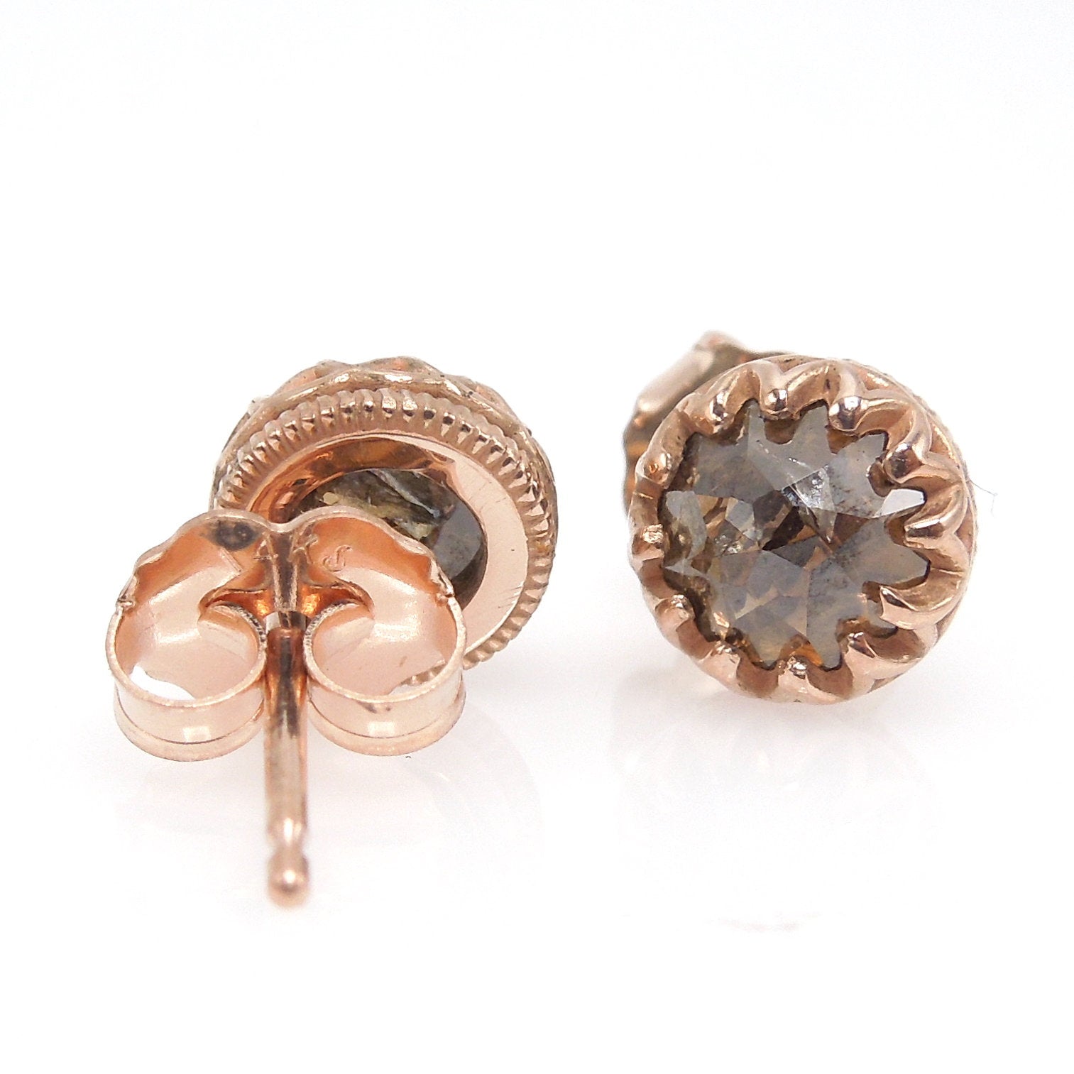 Brown Salt and Pepper Rose Cut Diamond Stud Earrings in Rose Gold