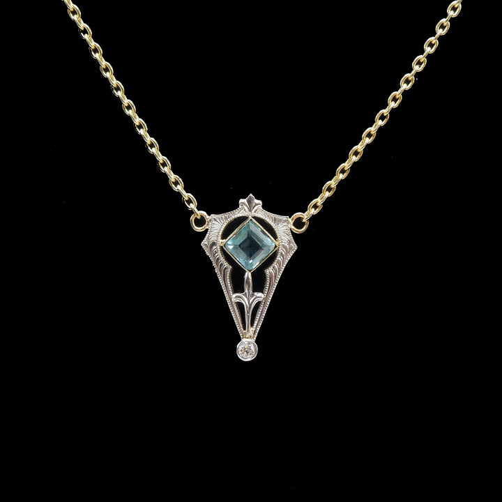 Antique (c. 1900) Edwardian 14K Gold and Platinum Necklace with Square Aquamarine